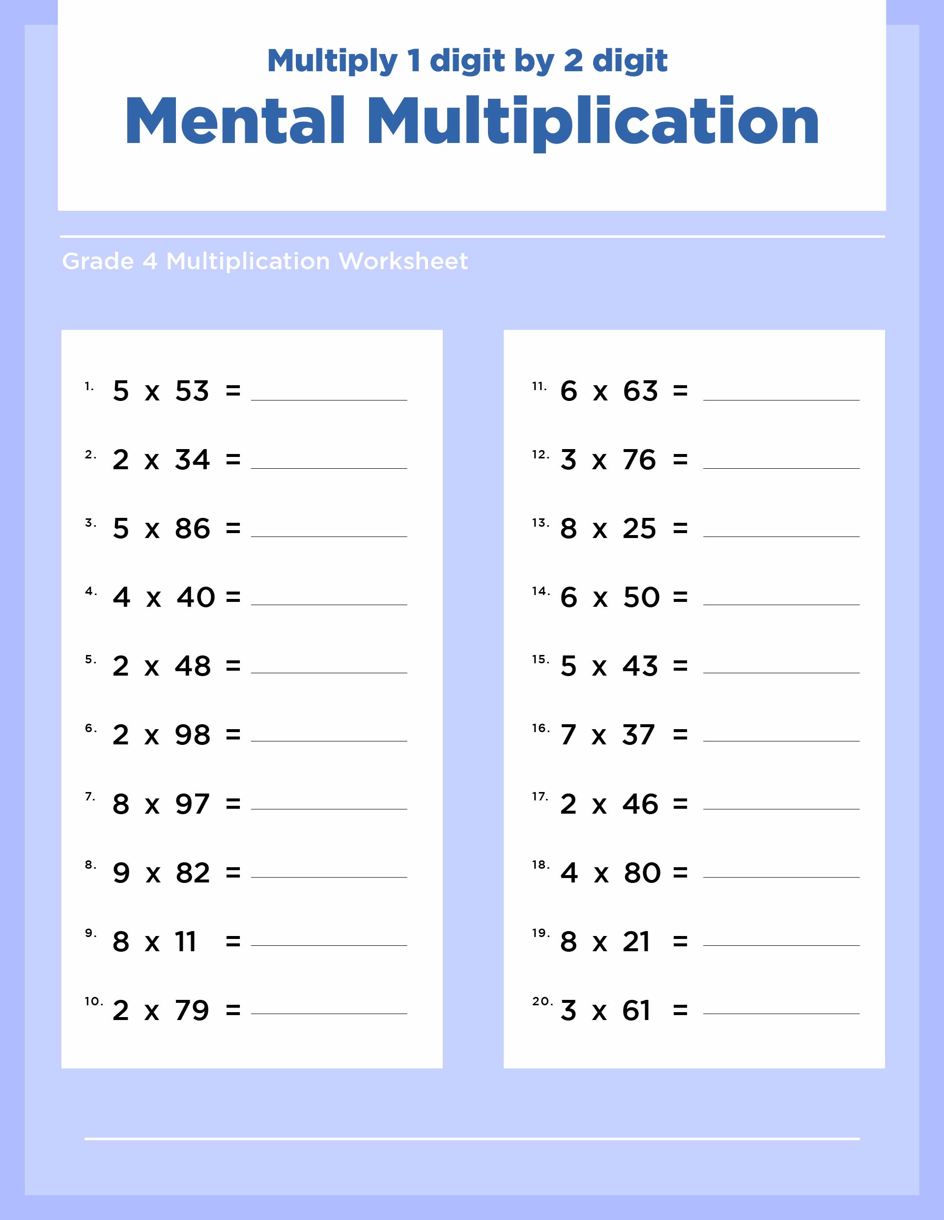 Printable Grade 4 Mental Multiplication Worksheets