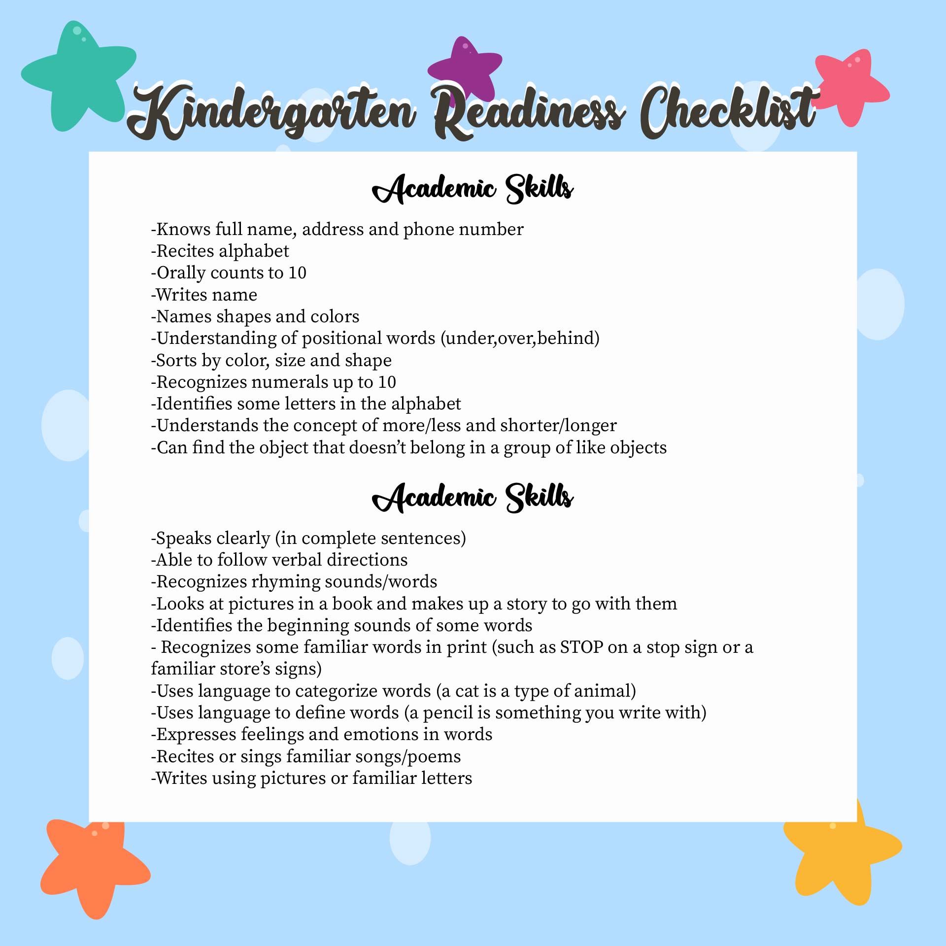 Printable Kindergarten Readiness Assessment