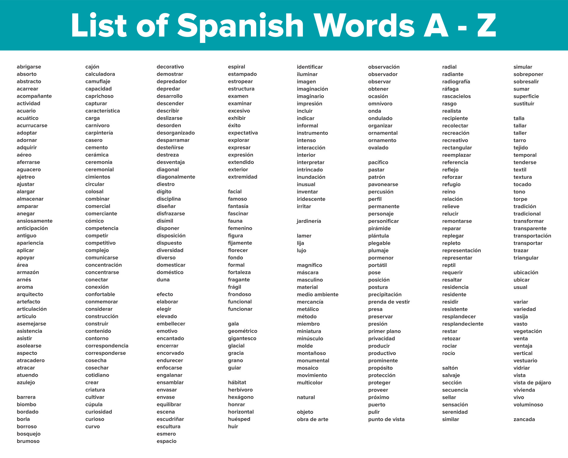 Printable List Of Spanish Words A - Z