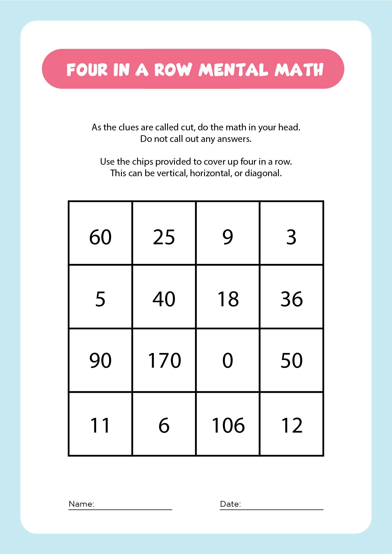 Printable Math Games For Middle School