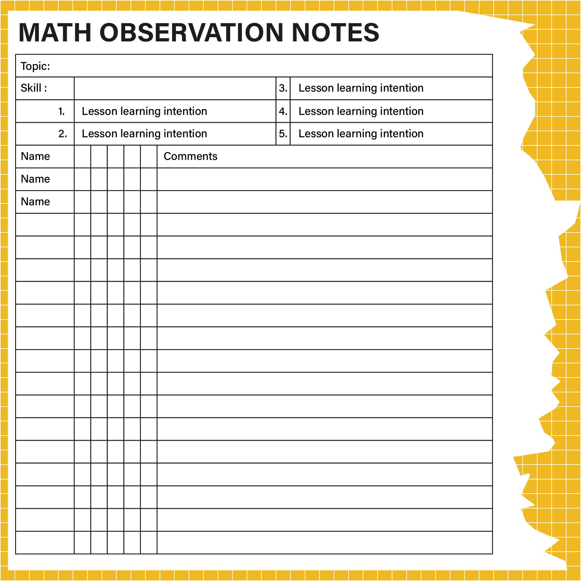 Printable Maths Observation Sheet