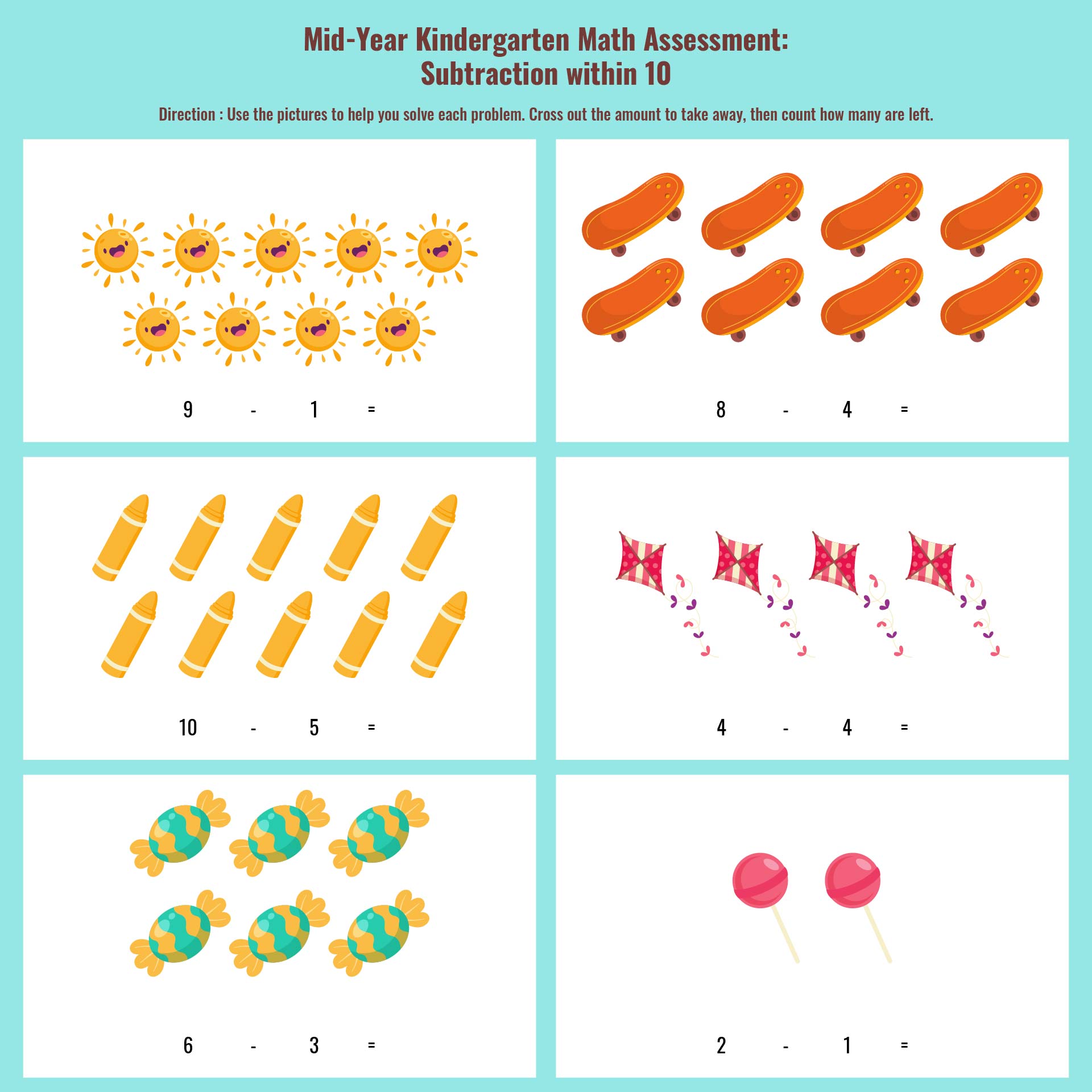 Printable Mid-Year Kindergarten Math Assessment Subtraction Within 10