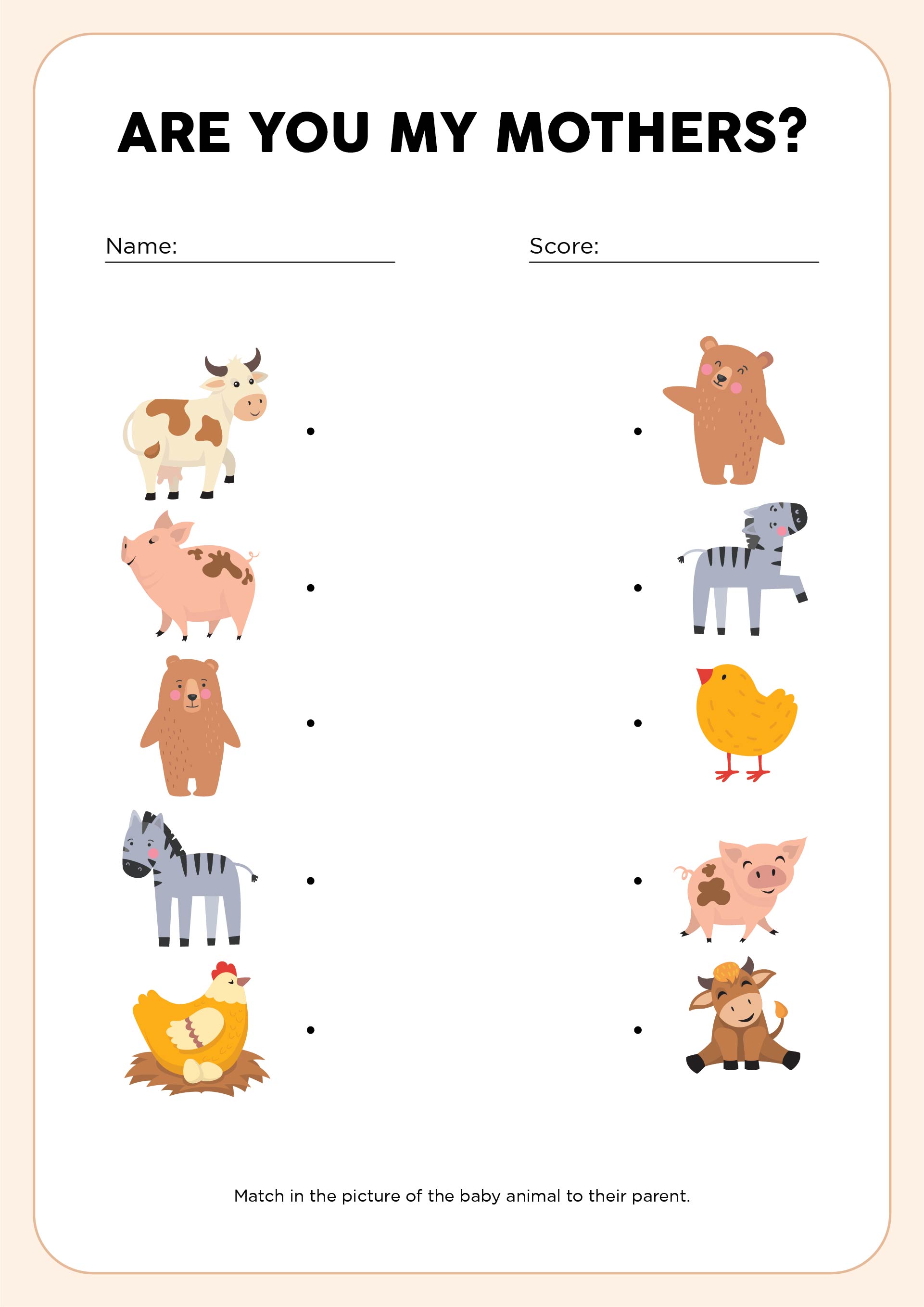 Printable Mother And Baby Animal Matching Worksheets
