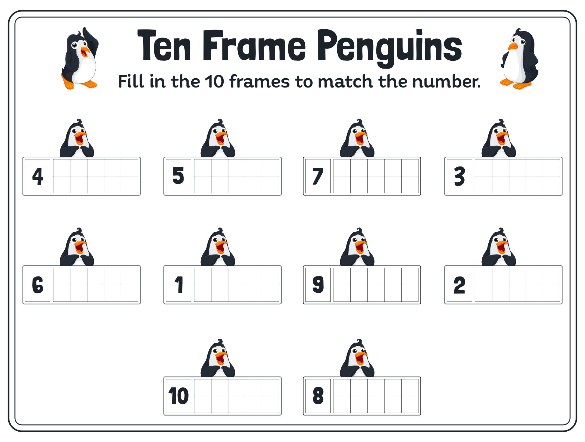 Printable Penguin Ten Frame Counting Worksheet