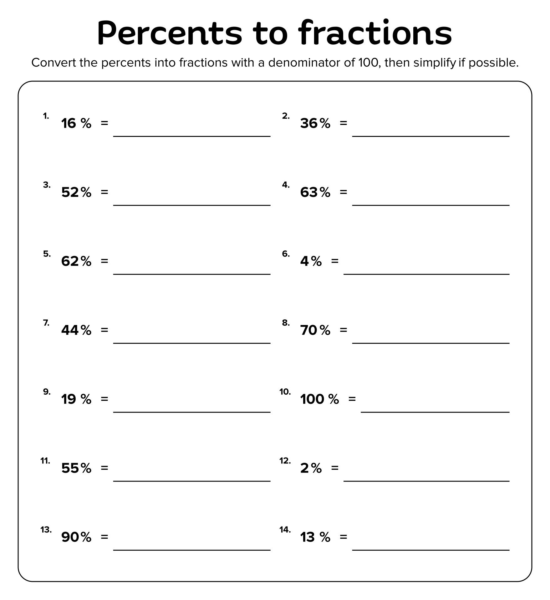 Printable Percents To Fractions Worksheets