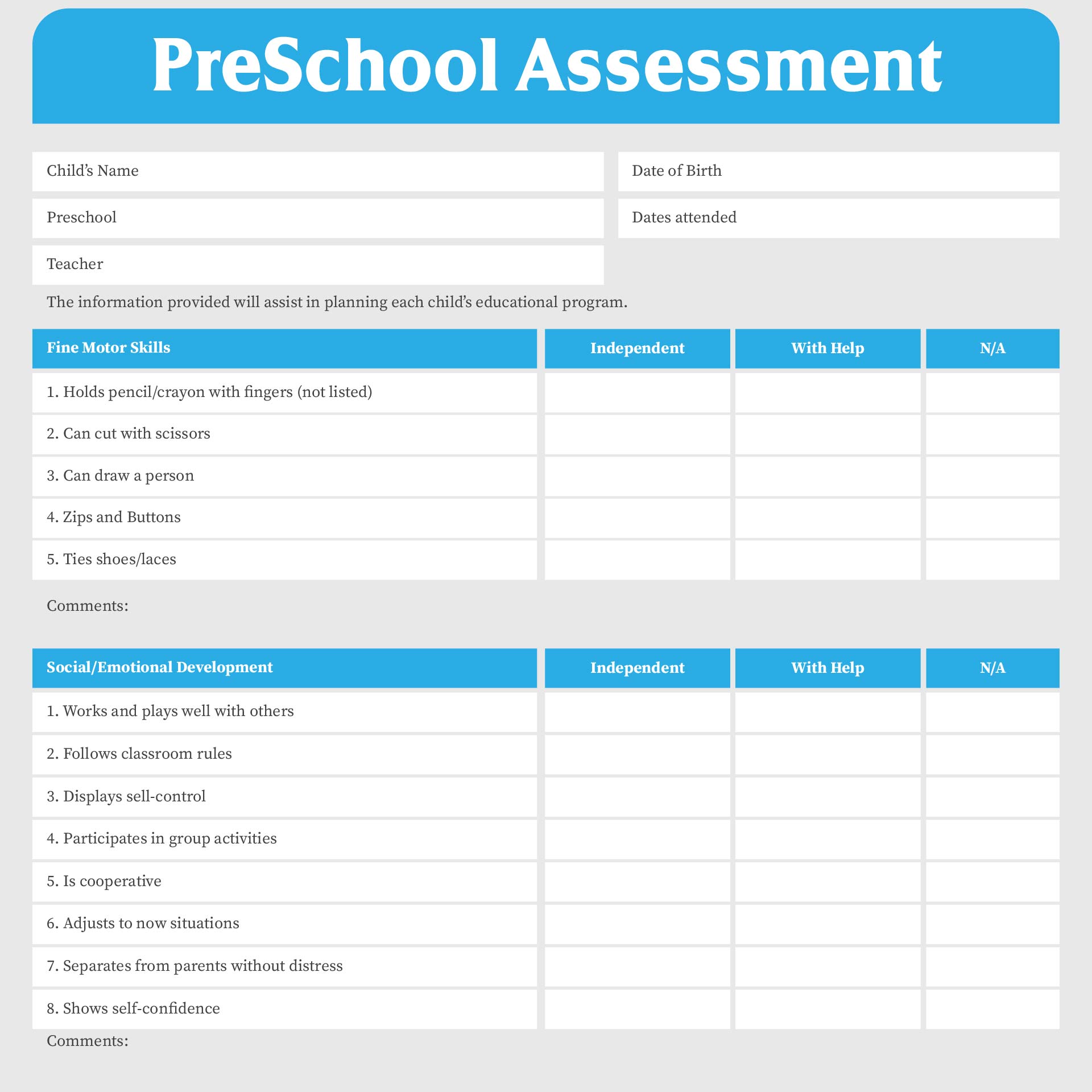 Printable Preschool Assessment Forms