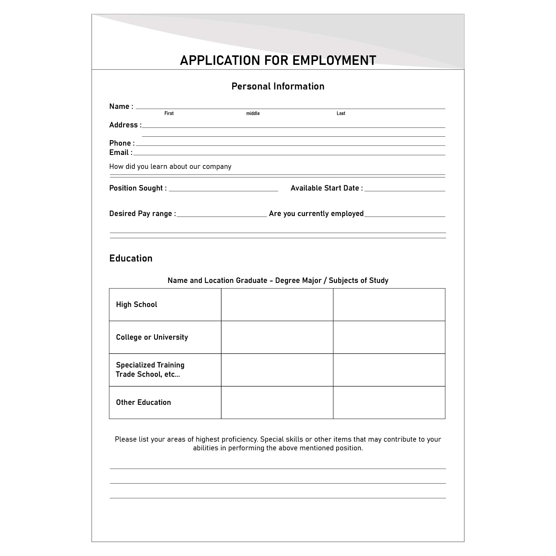 Printable Sample Job Application For High School Students Form