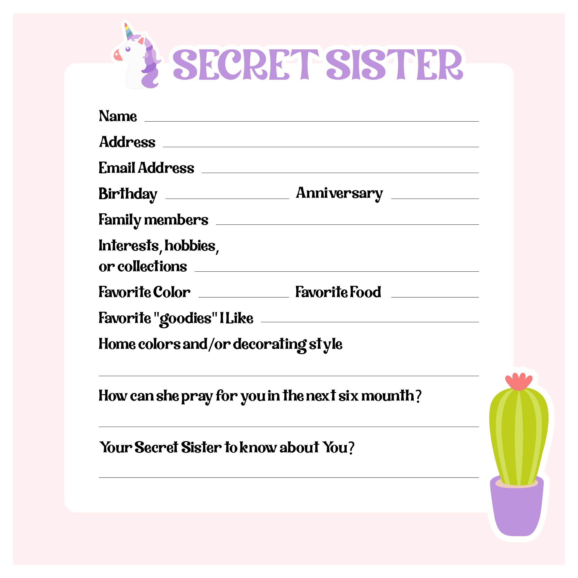 Printable Secret Sister Information Sheet