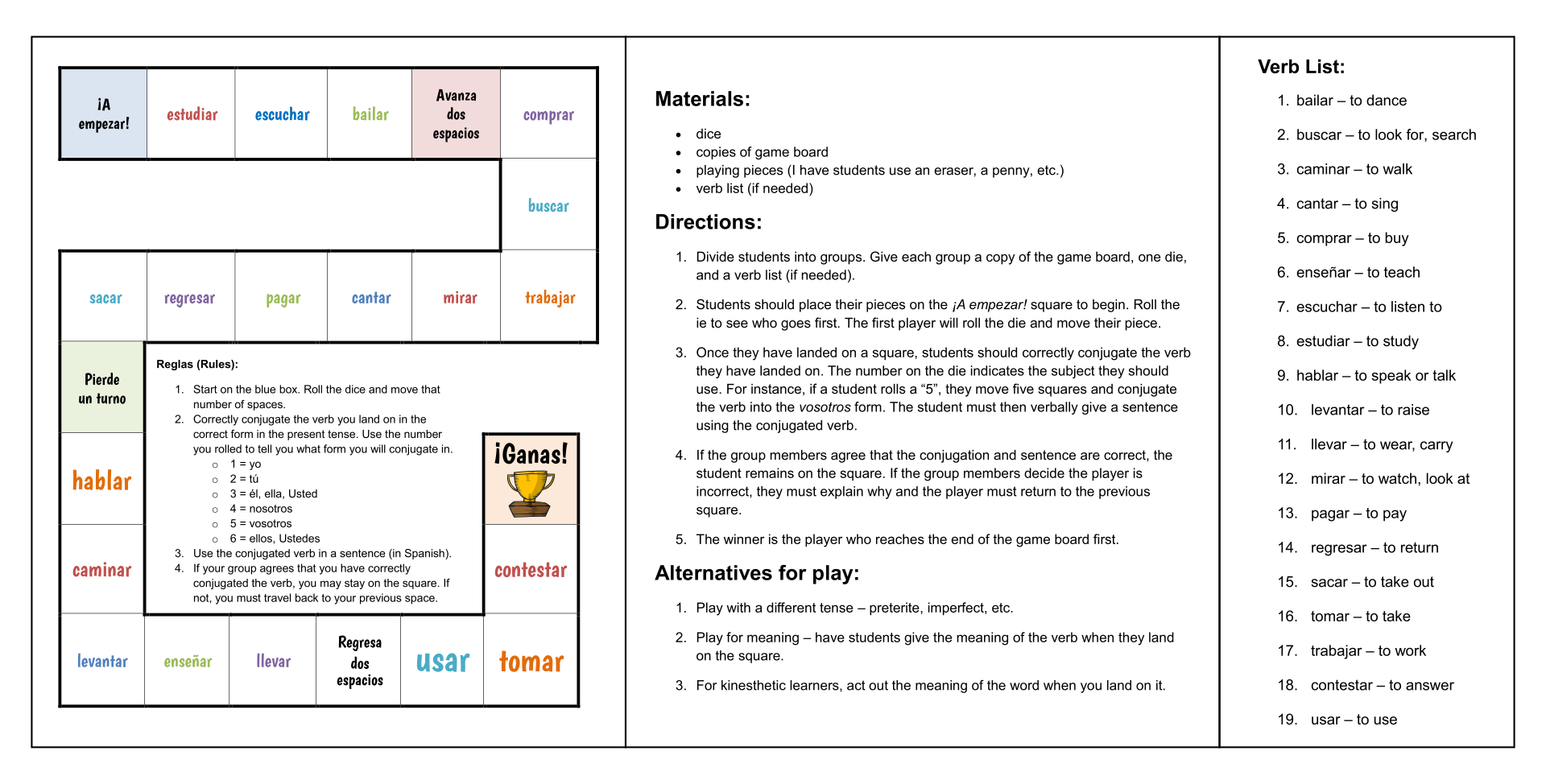 Printable Spanish Board Games And Question Cards