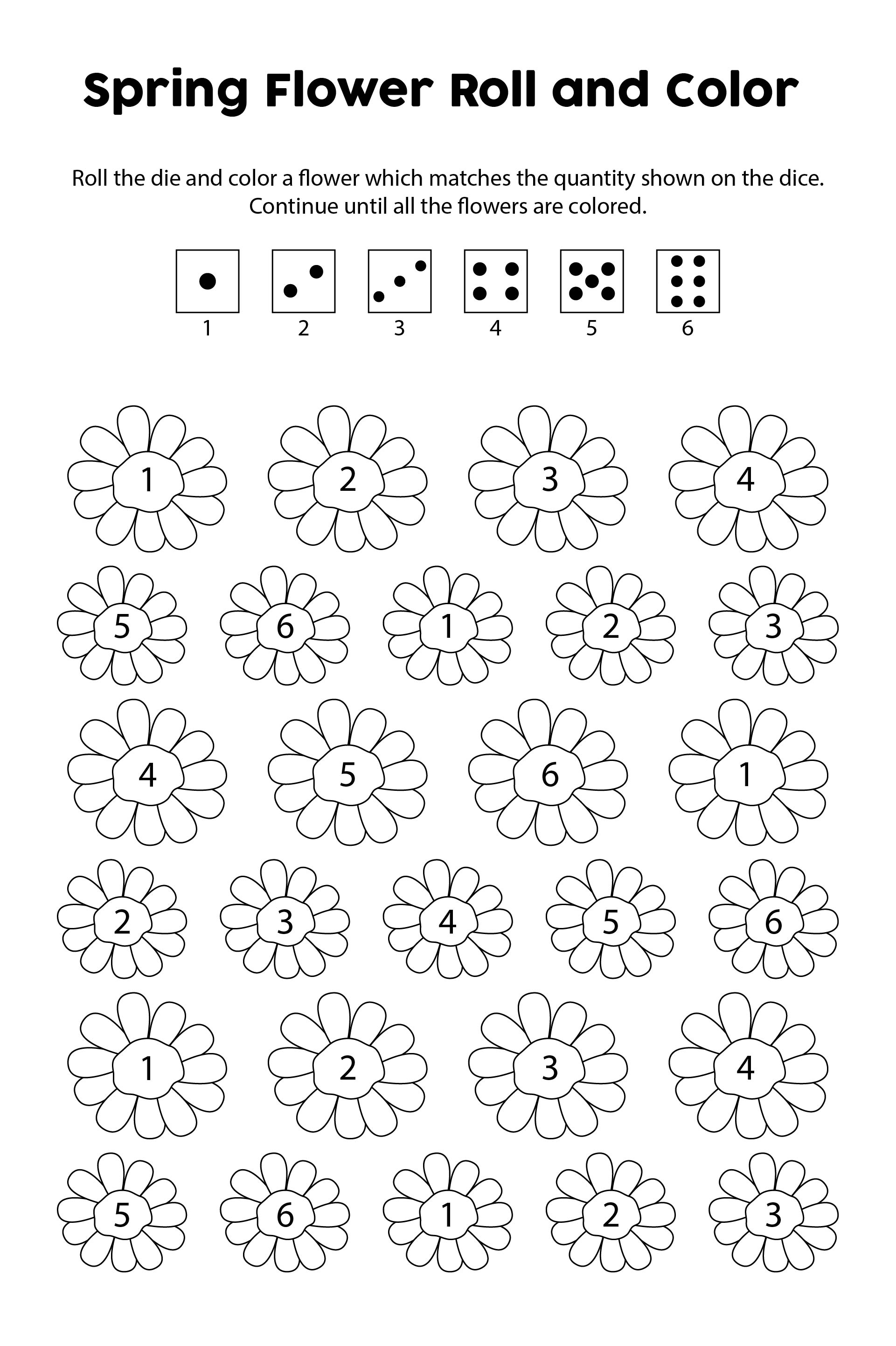 Printable Spring Flower Roll And Color Math Games