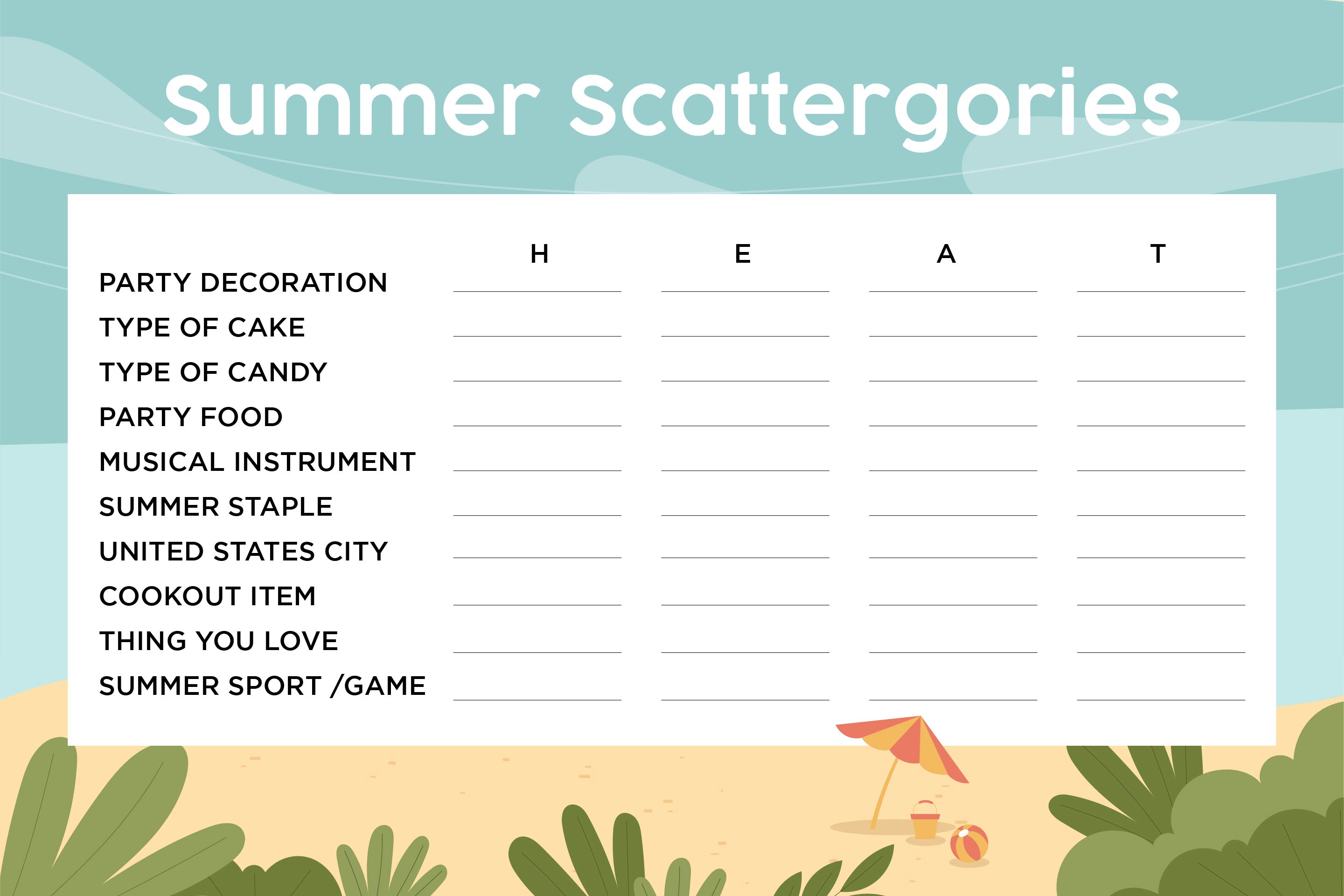 Printable Summer Scattergories Game