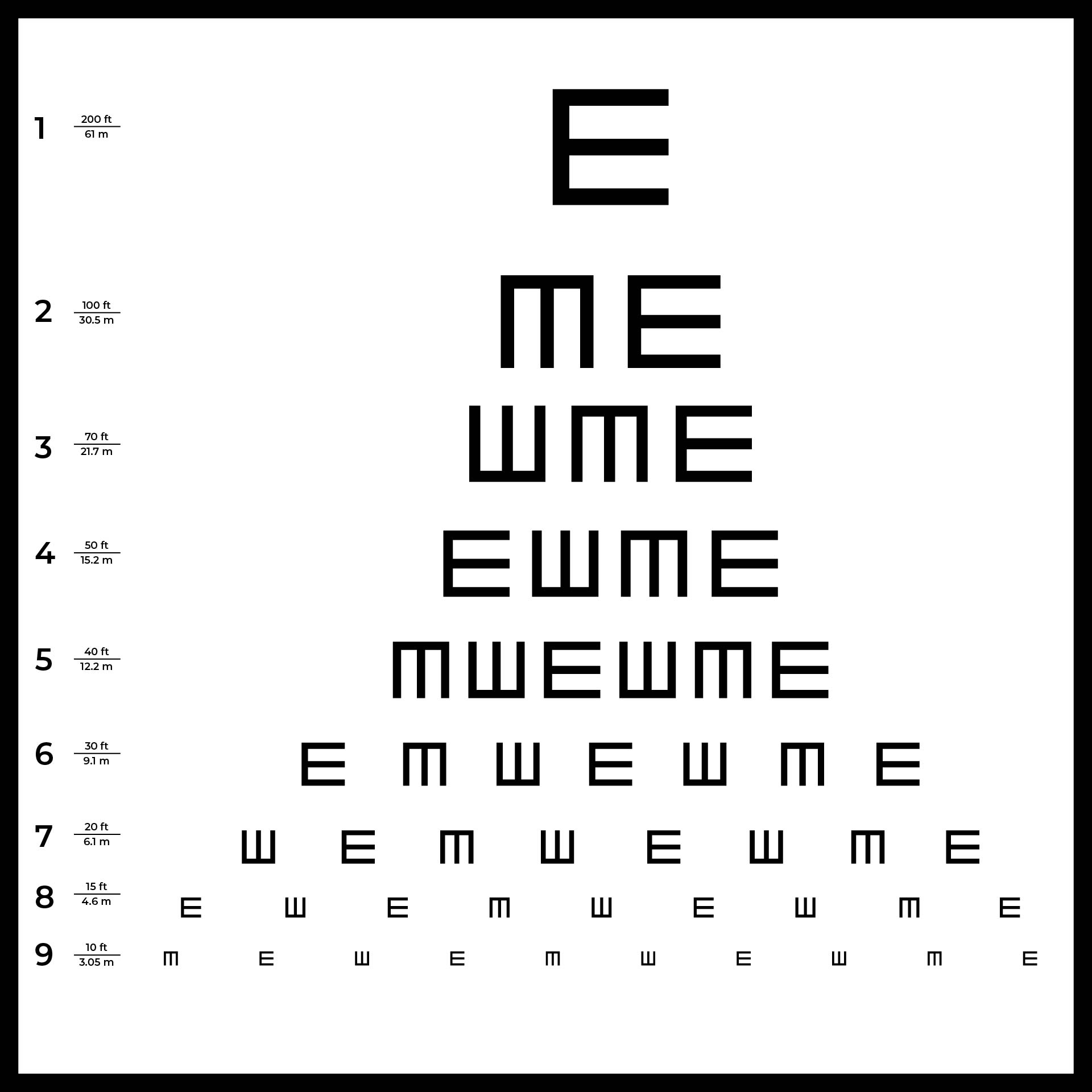 10 and 20 FT (3 and 6 M) Snellen Chart