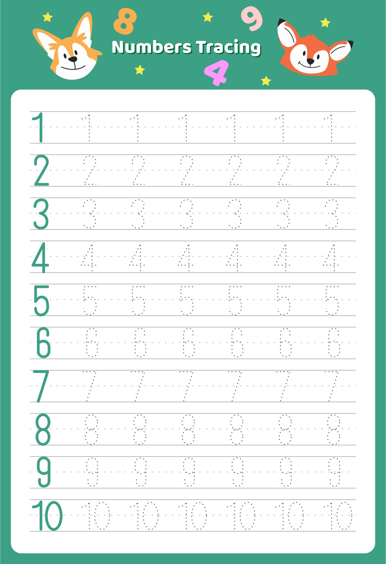 Printable Writing Numbers 1-10 Worksheet