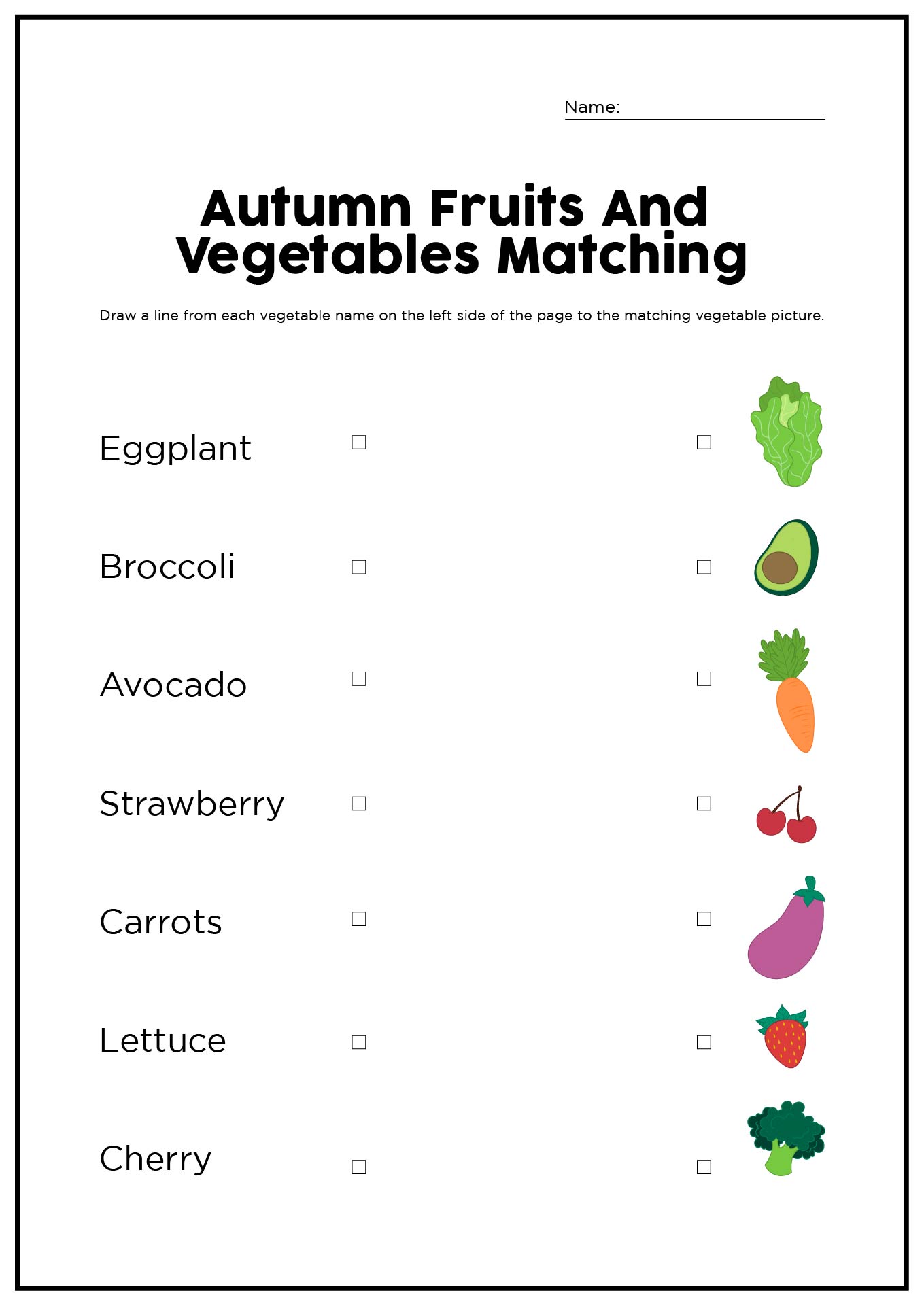 Autumn Fruit And Vegetables Matching Vocabulary Printable Worksheet