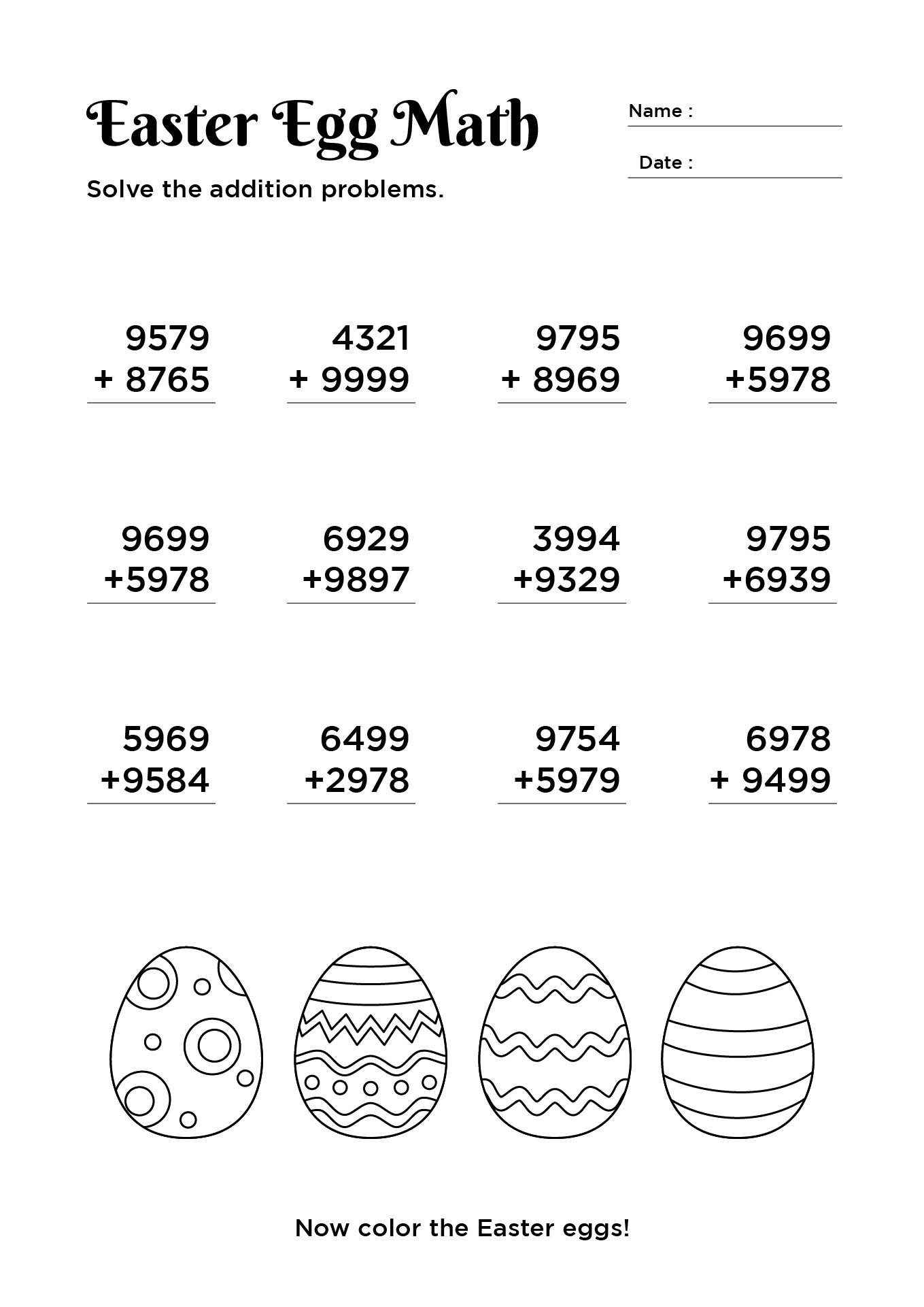 Printable 4-Digit Addition Worksheet Easter Holiday Math