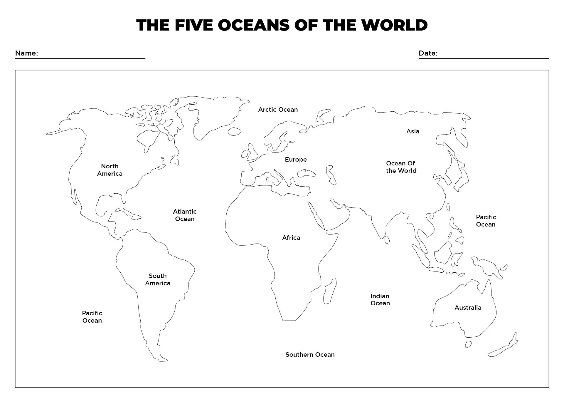 Printable 5 Oceans Coloring Map For Kids