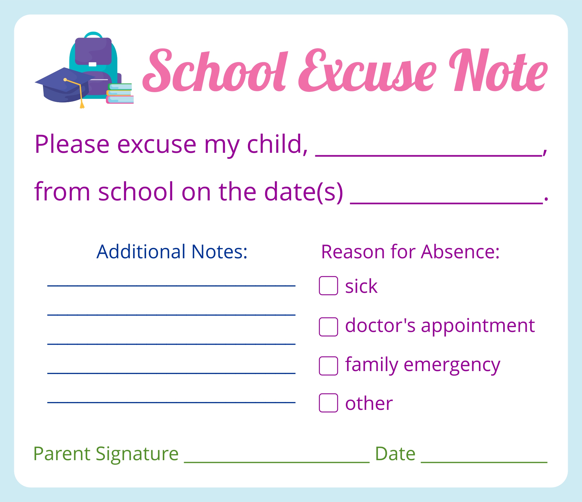 Printable Absence Excuse Notes Template