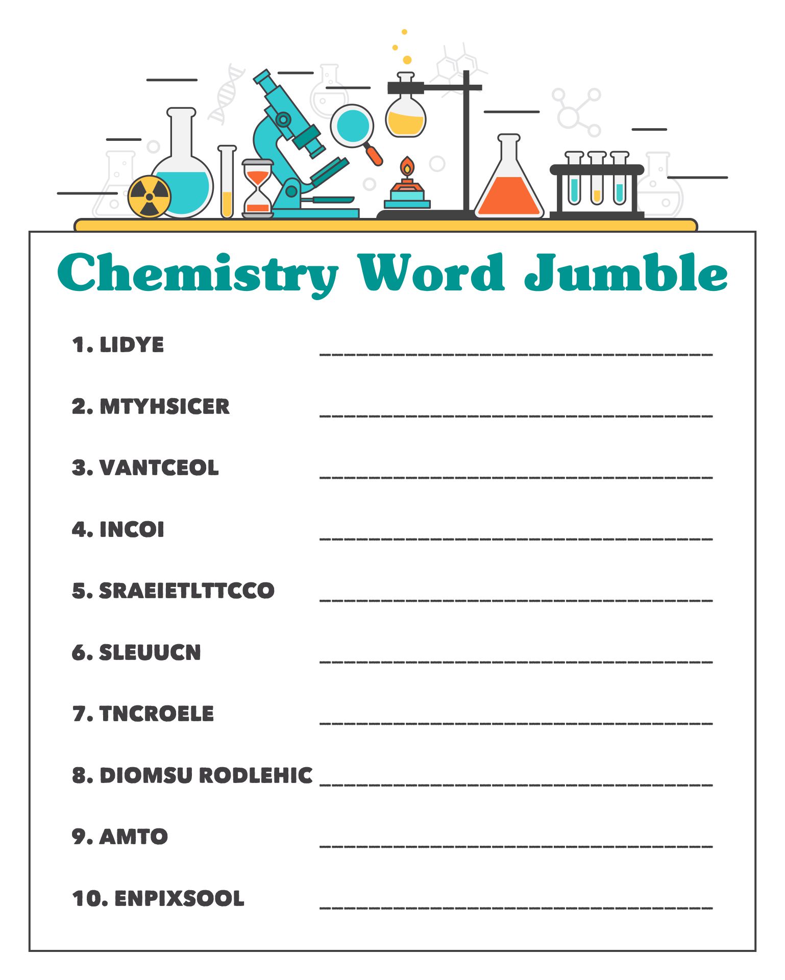 Printable Chemistry Word Jumble Puzzle