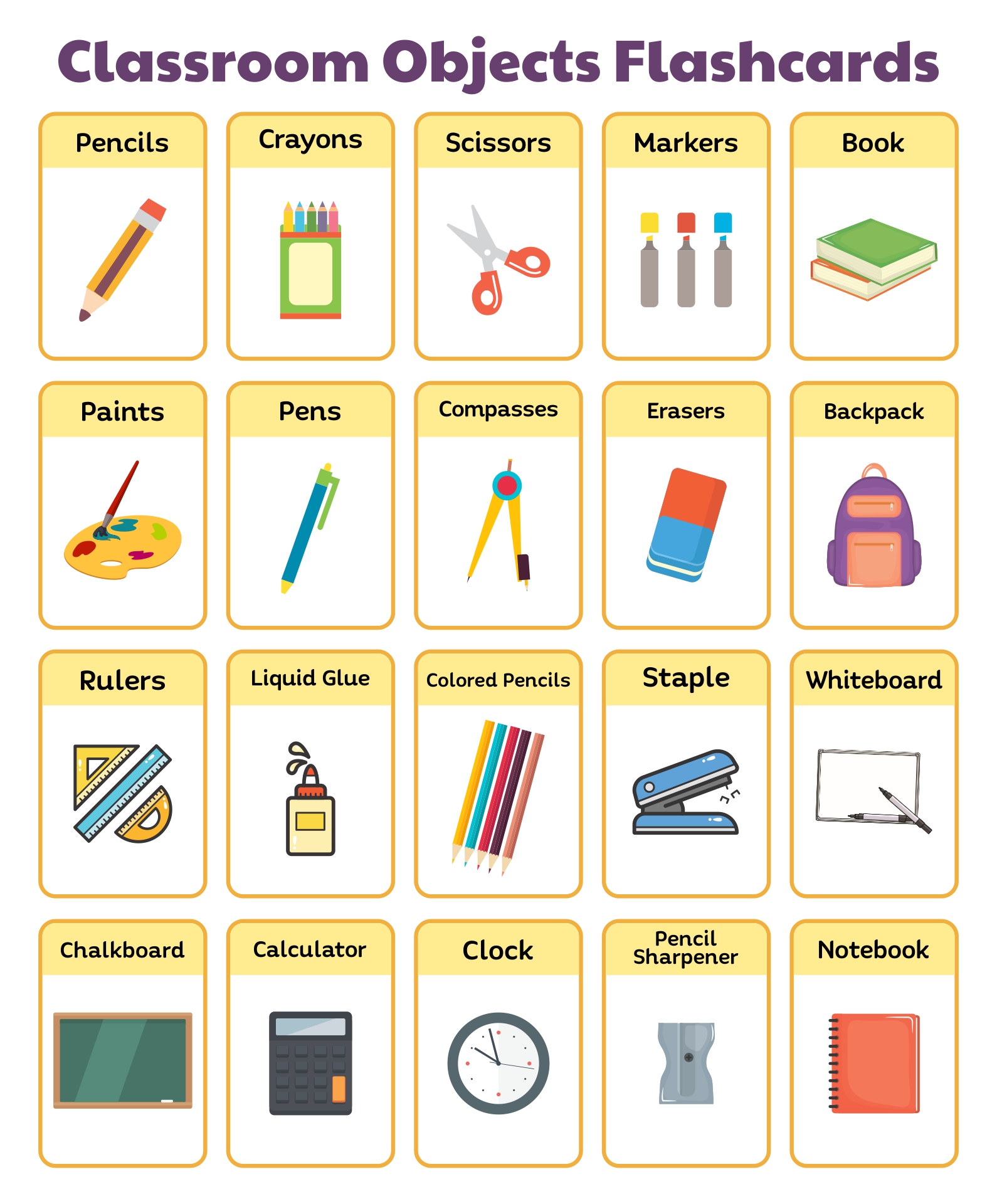 Printable Classroom Objects Flashcards
