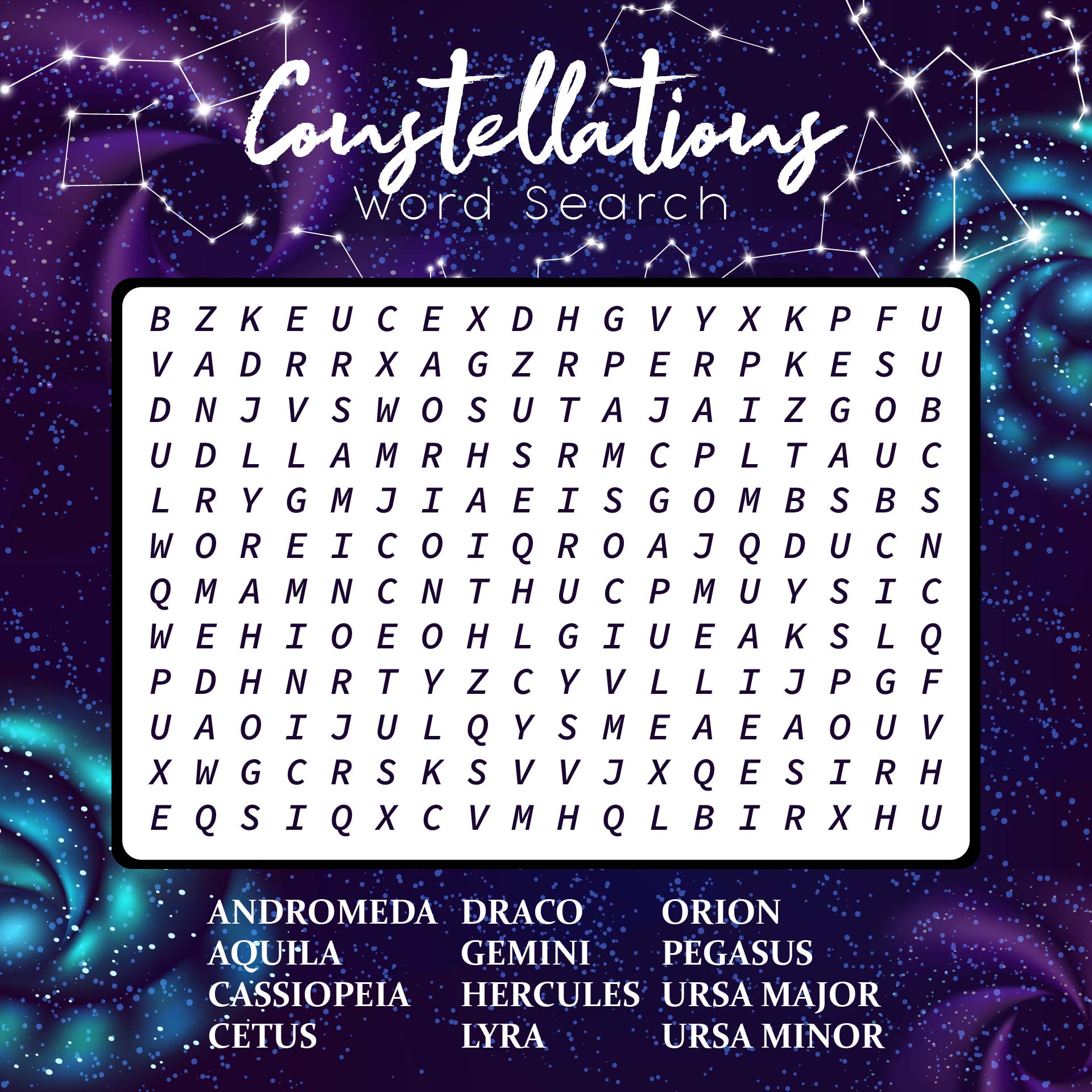 Printable Constellations Word Search Puzzle