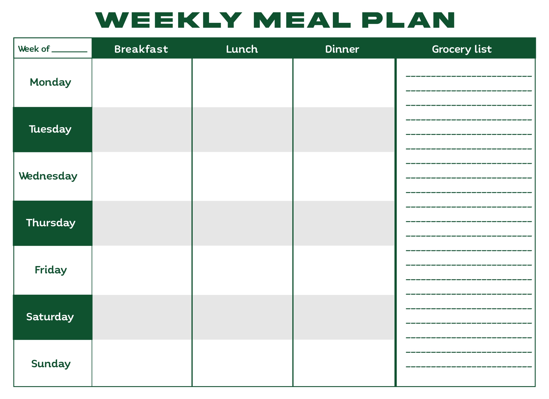 Printable Diabetic Weekly Meal Plan