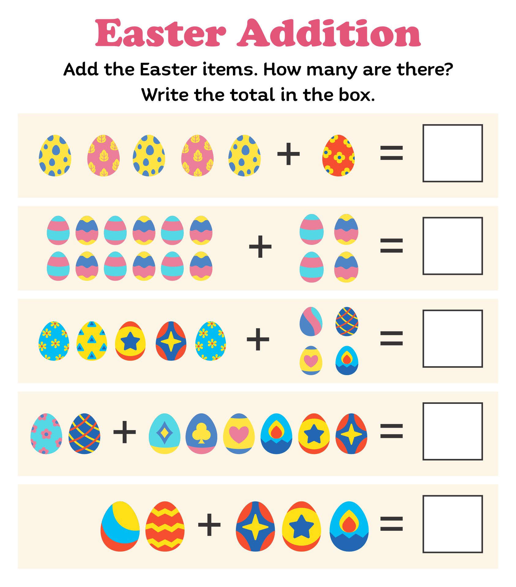 Printable Easter Addition Kindergarten Math Worksheets