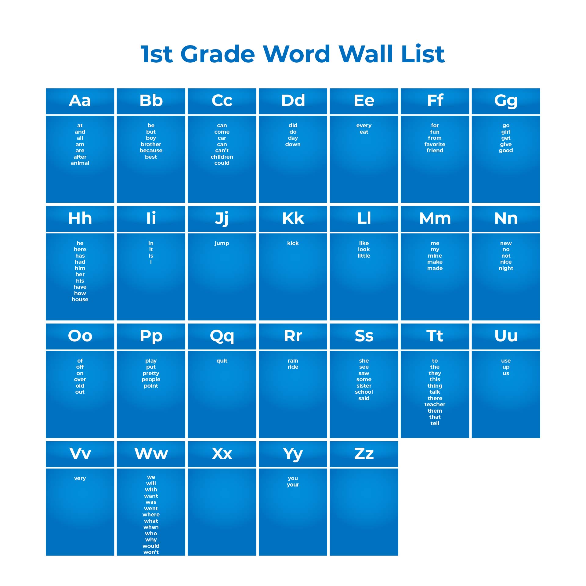 Printable First Grade Word Wall List