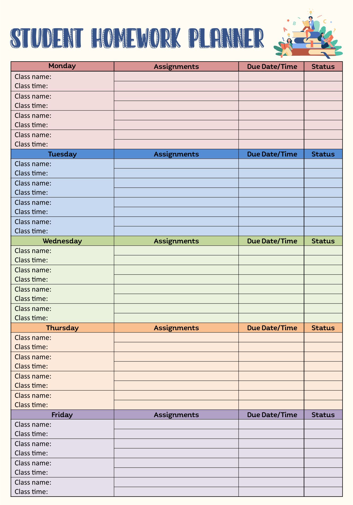 Printable Homework Planner Template For College Students