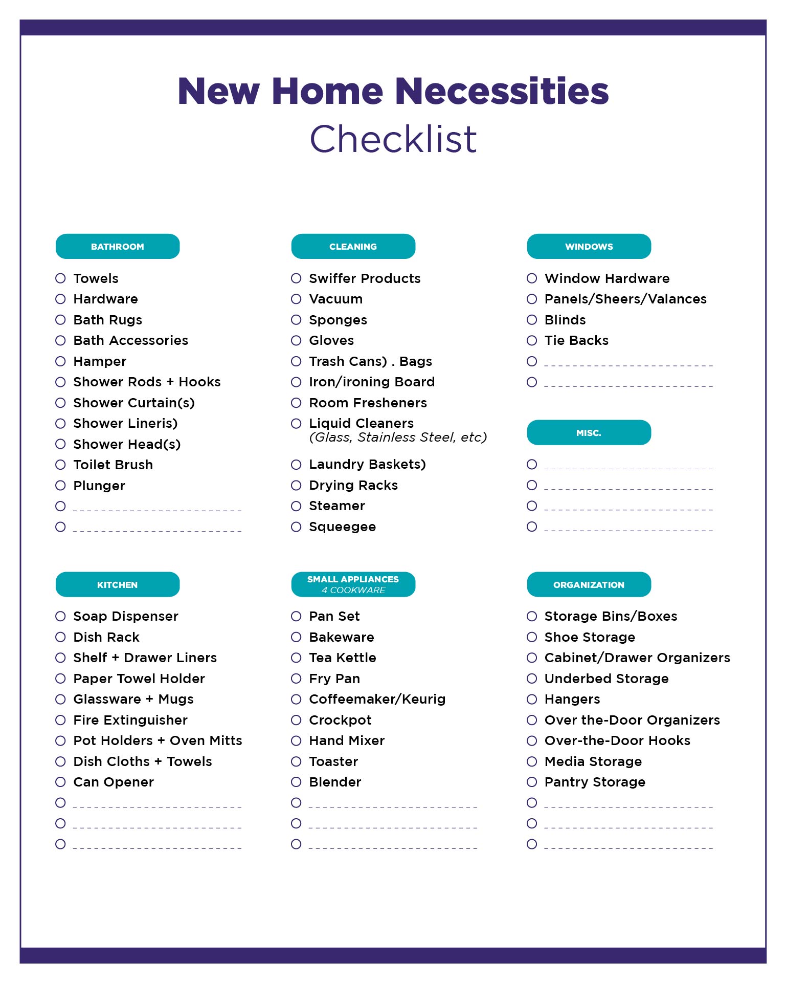 Printable New Home Necessities Checklist