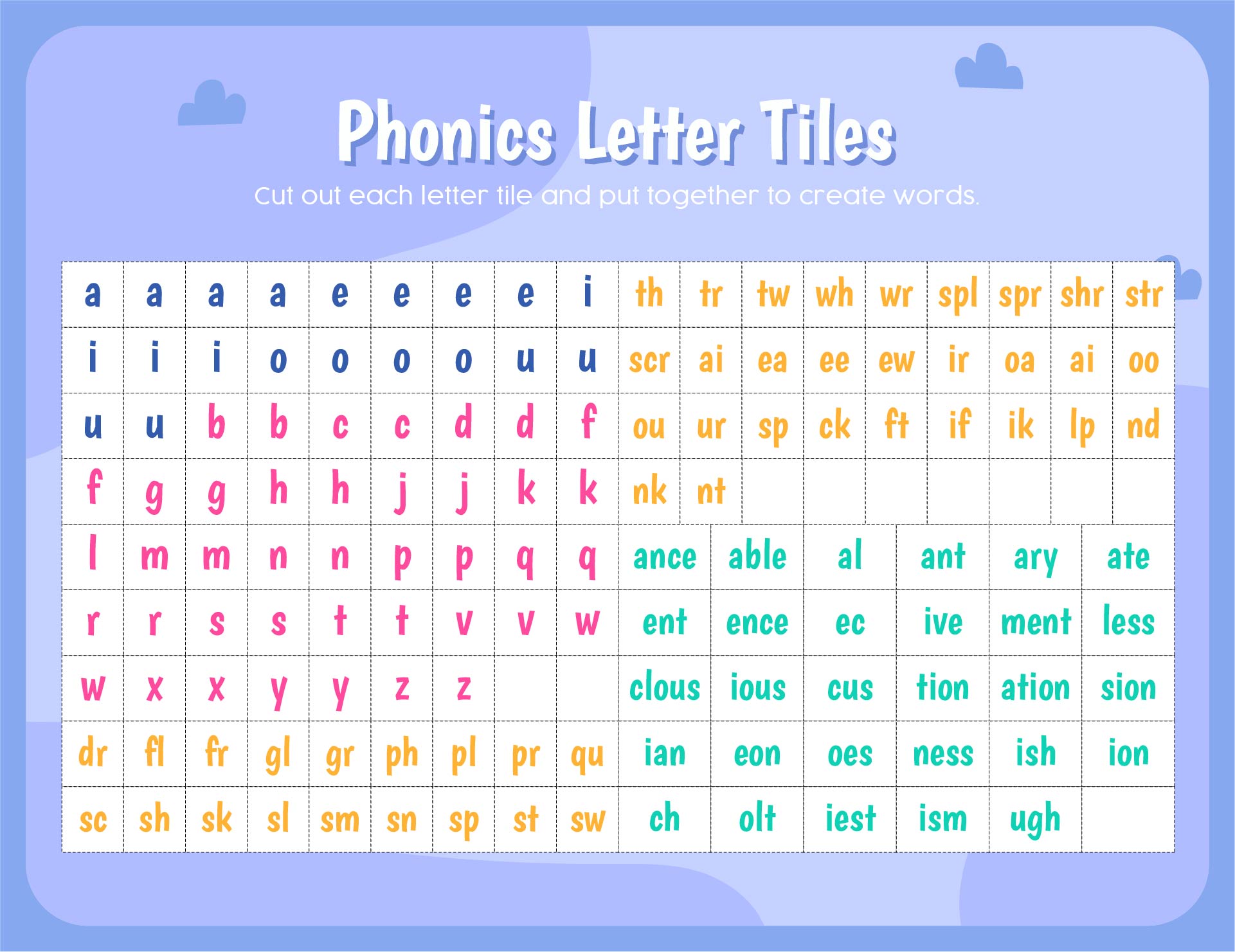 Printable Phonics Letter Tiles Vowels