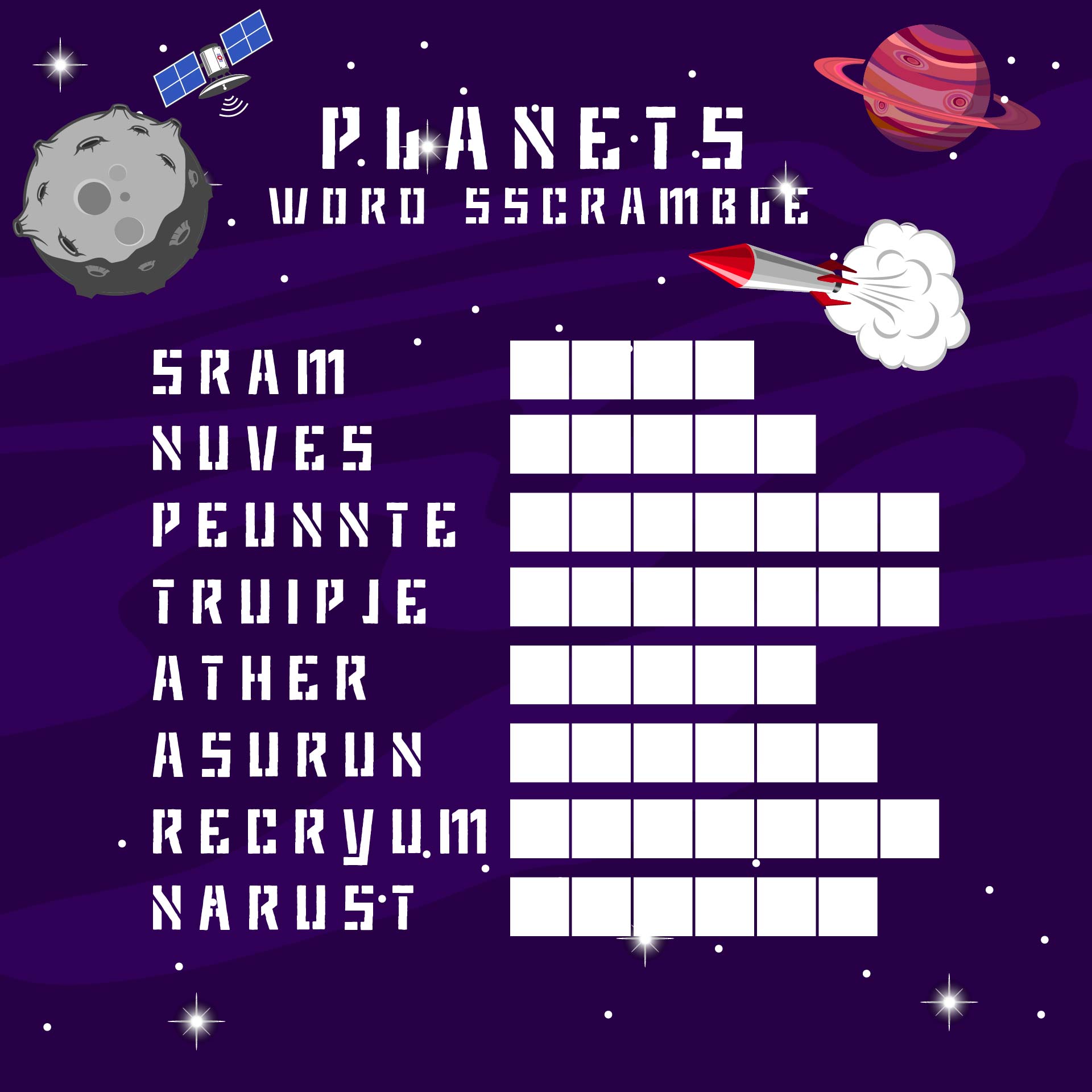 Printable Planets Word Scramble Puzzles