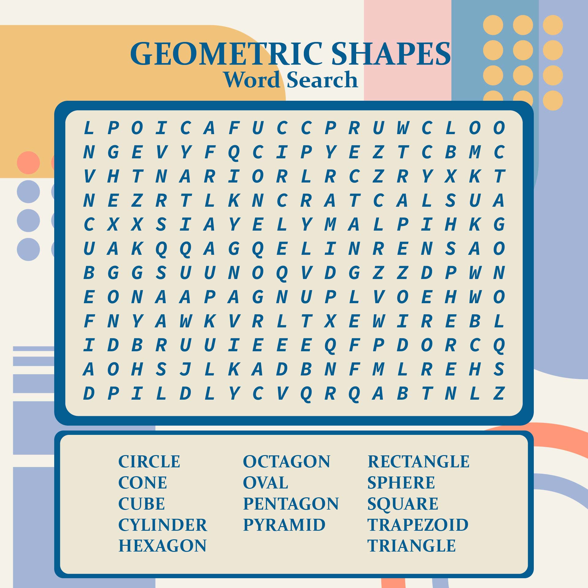 Printable Shapes Word Search Puzzle