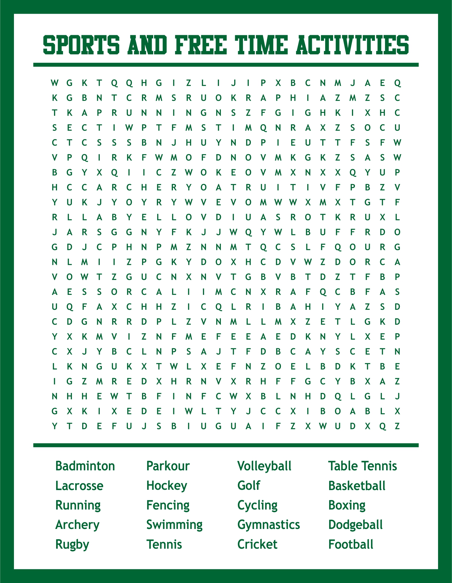Printable Sports And Free Time Activities Wordsearch