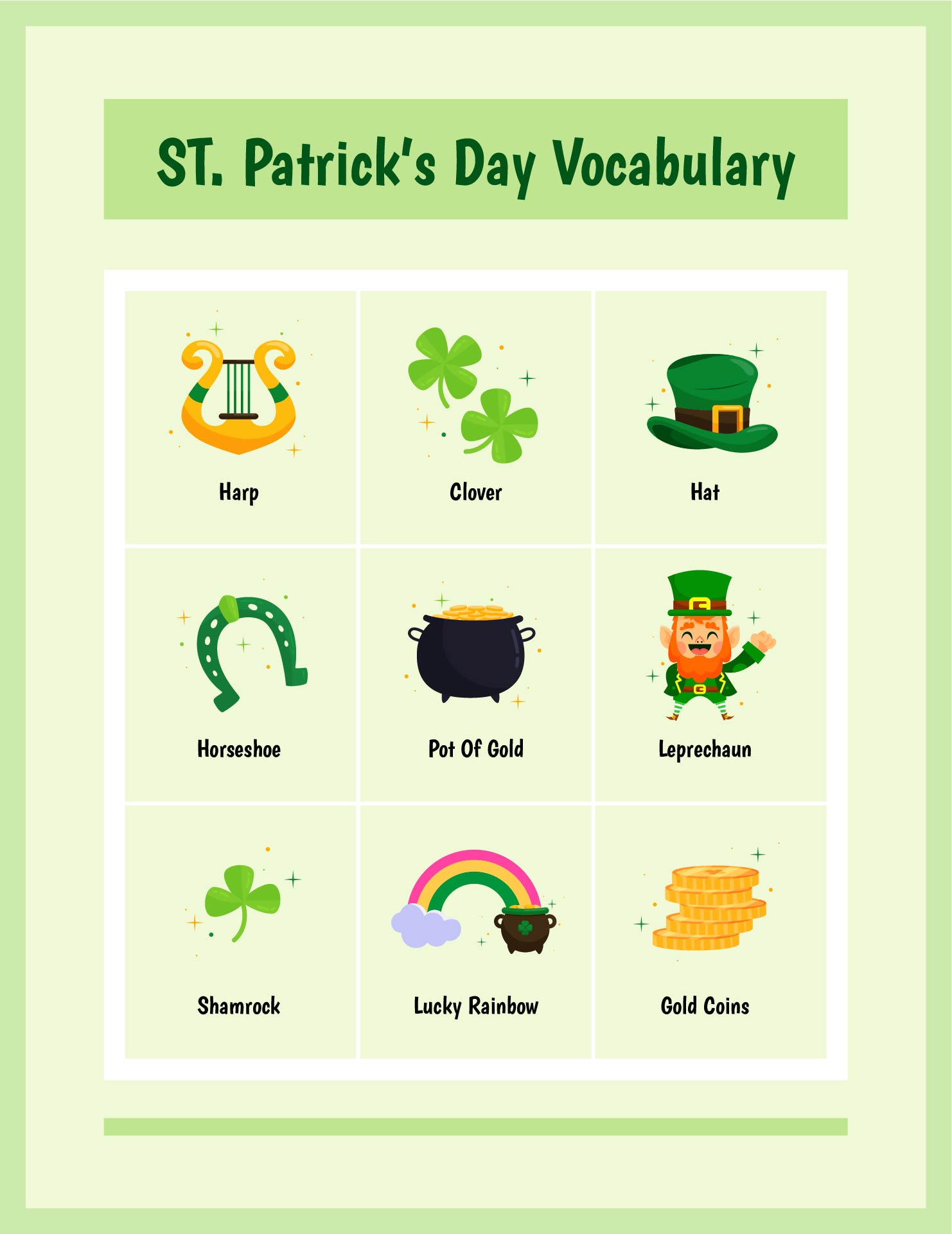 Printable St Patricks Day Vocabulary Chart