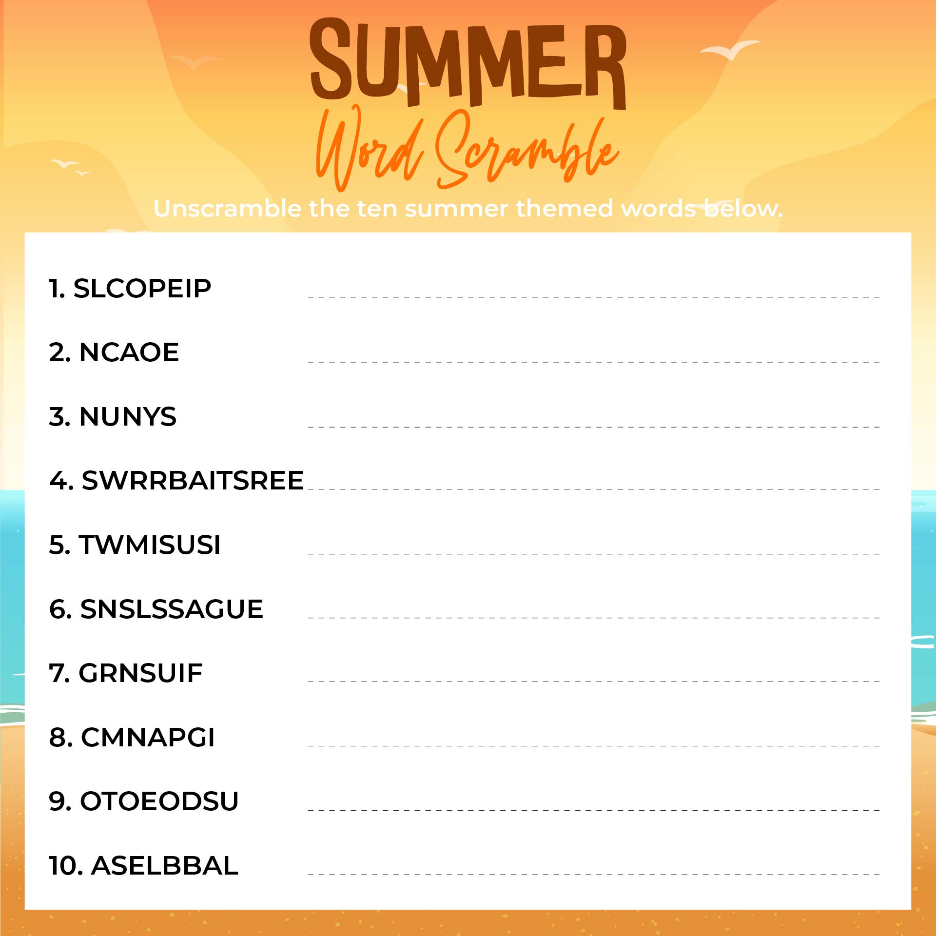 Printable Summer Activities Word Scramble Game