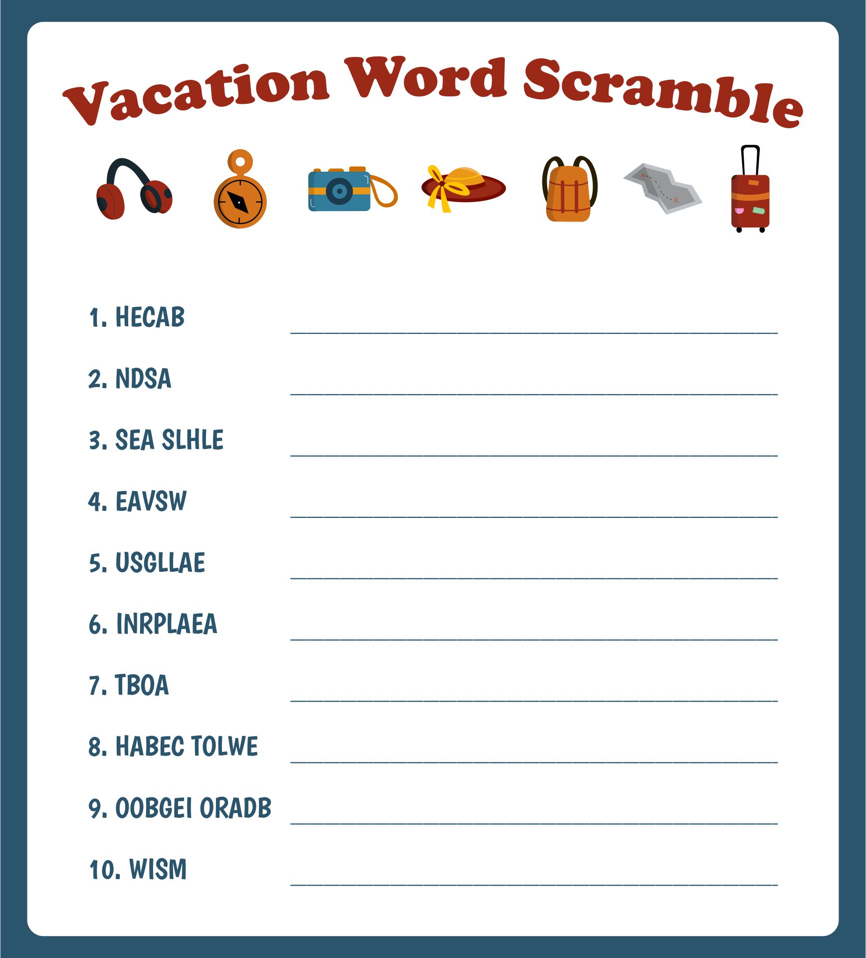 Printable Vacation Word Scramble For Kids