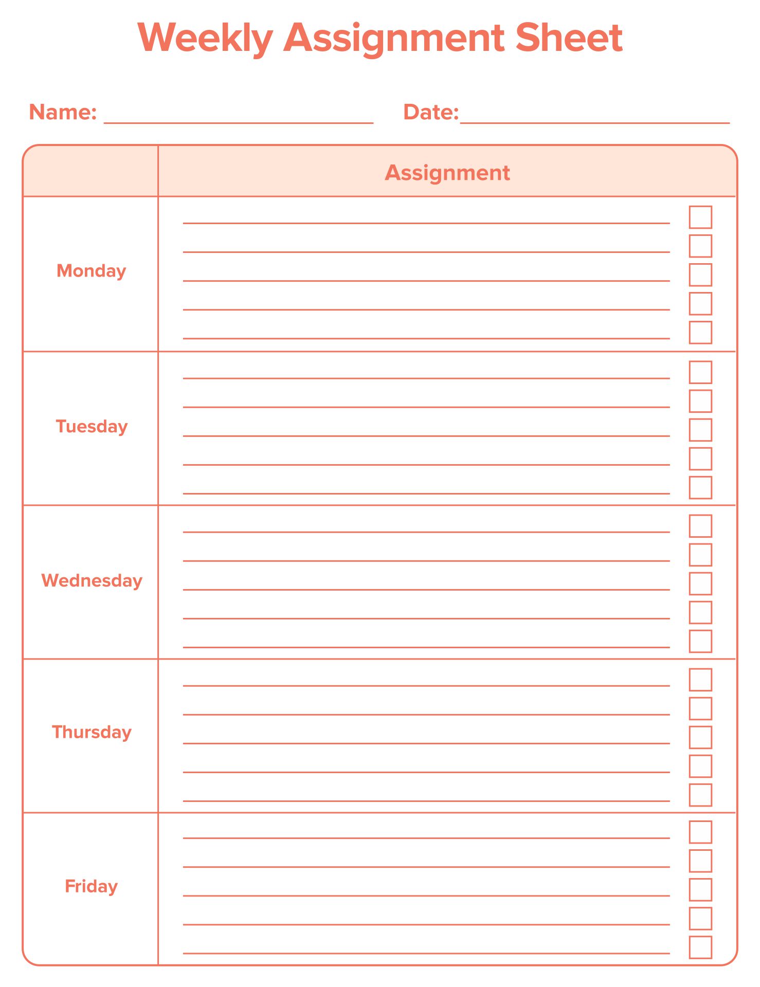 Printable Weekly Assignment Sheet