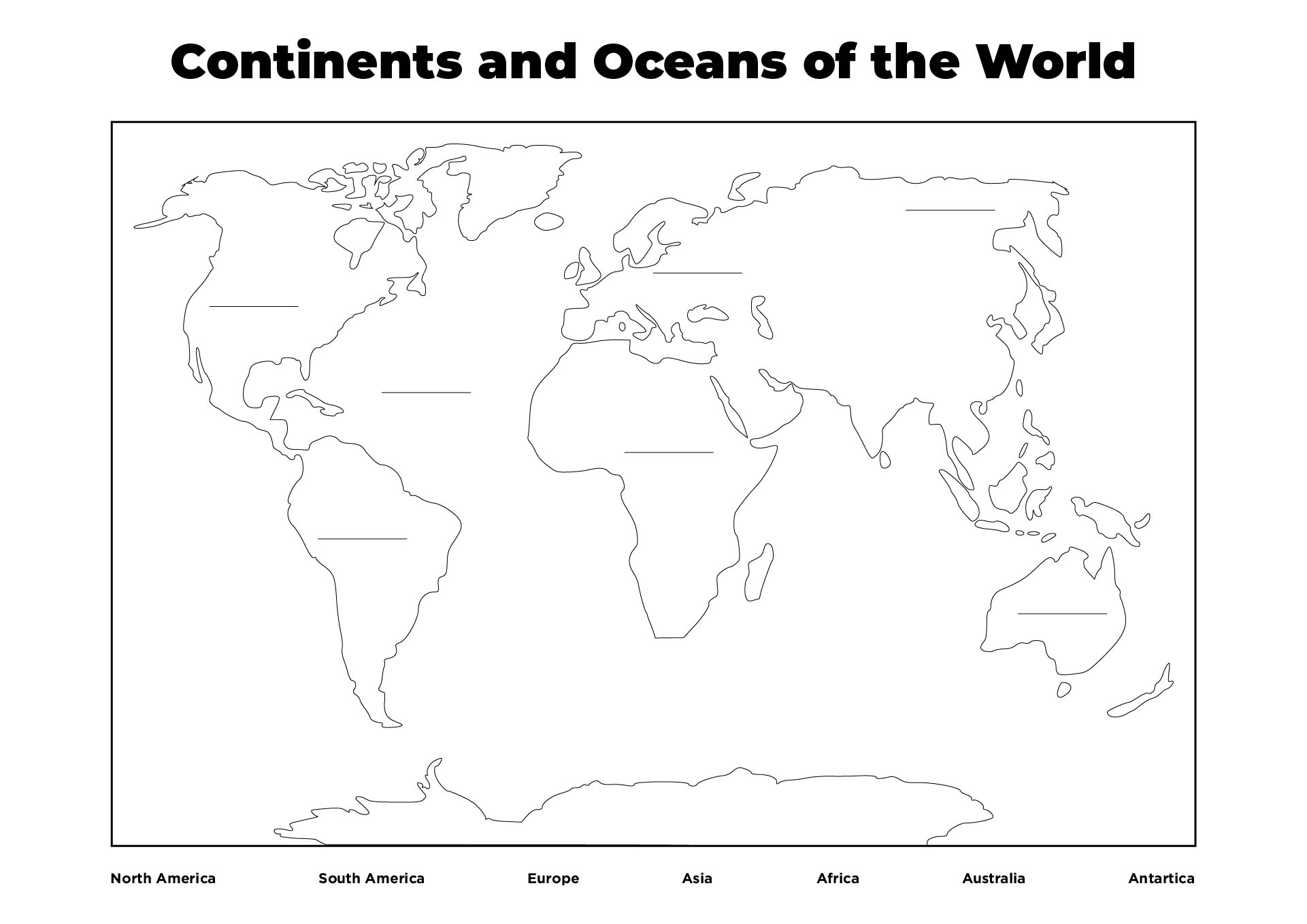 Printable World Map Continents Worksheets