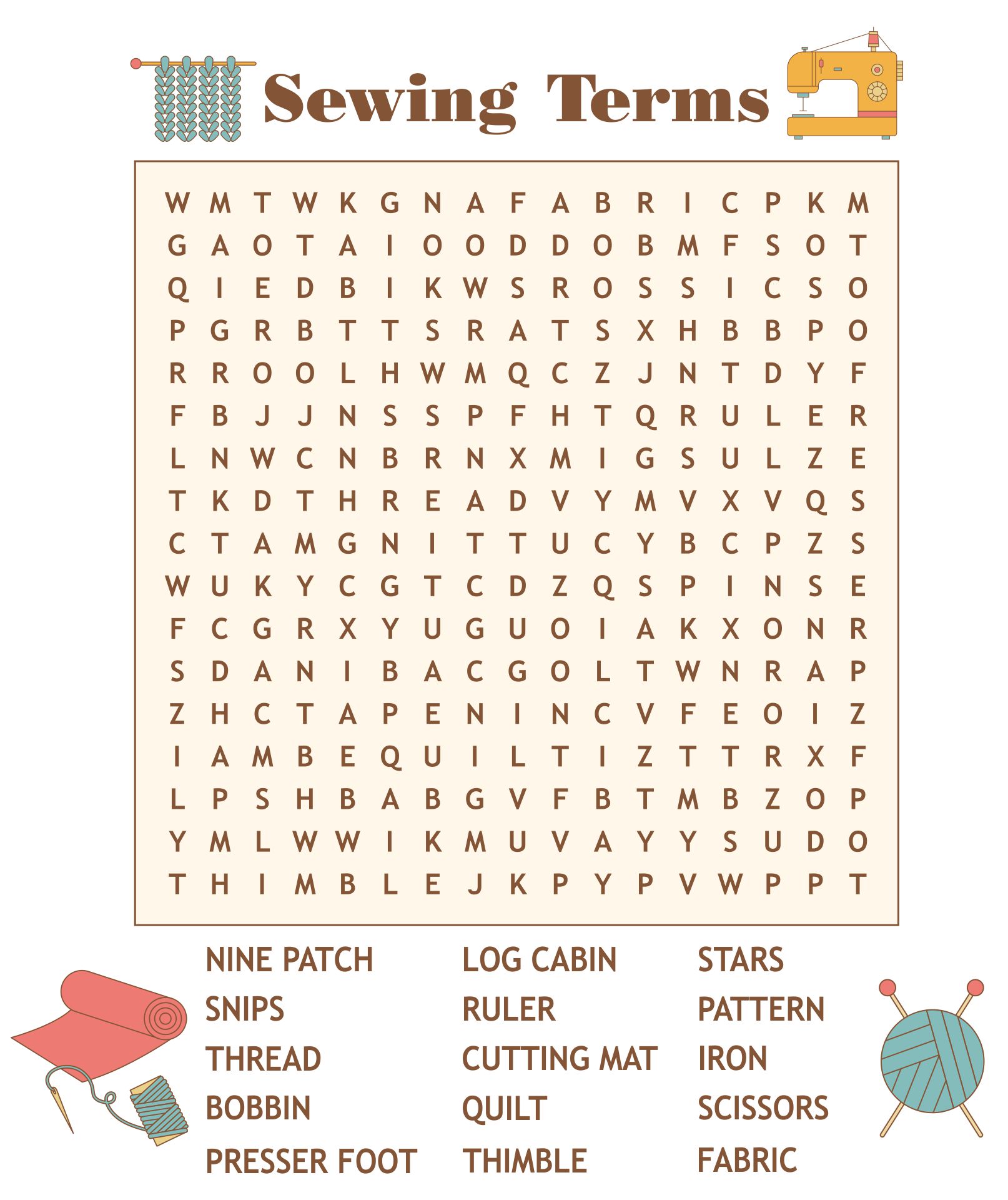 Sewing Terms Word Search Puzzle Printable Worksheet