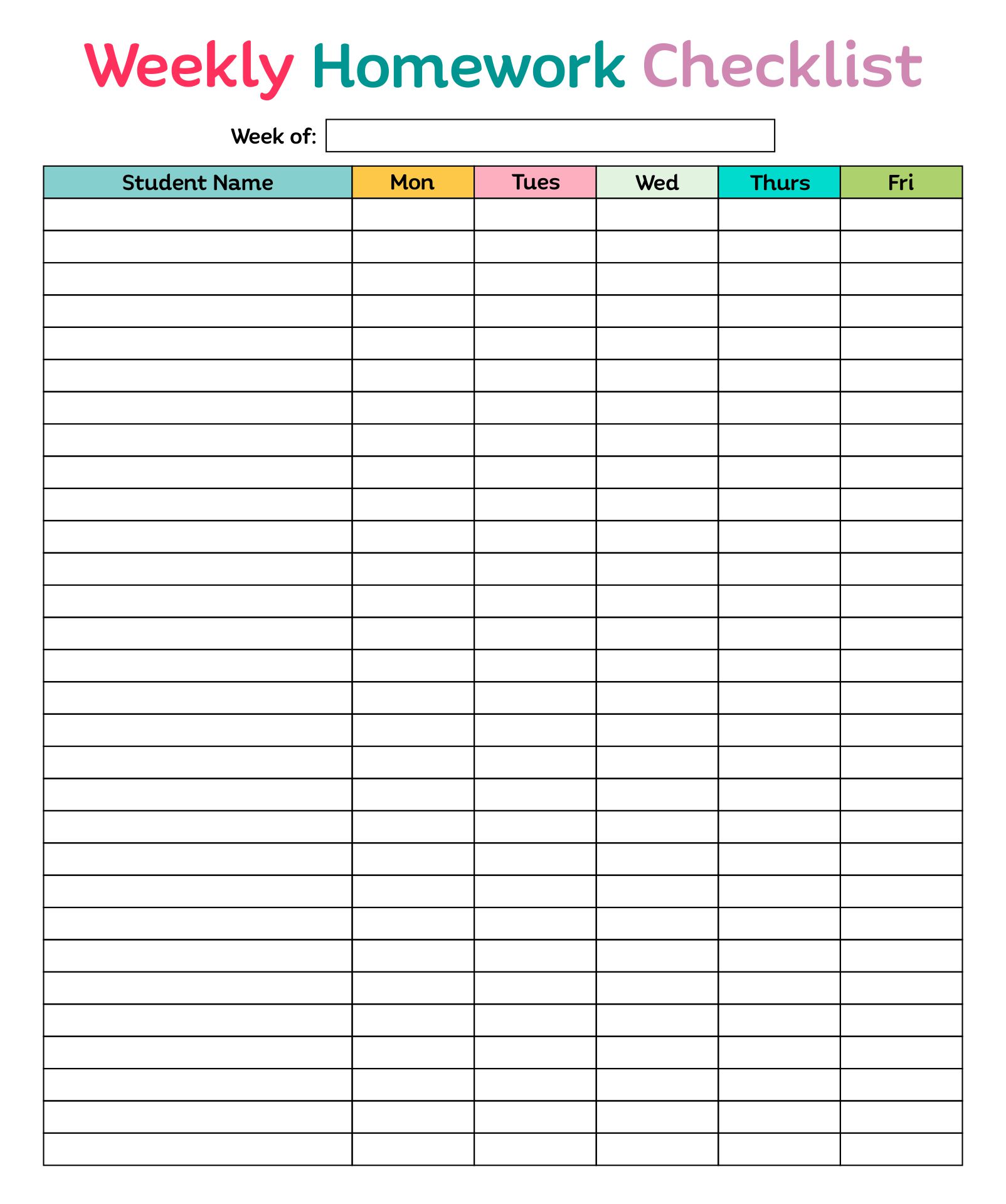 Weekly Student Homework Checklists Printable