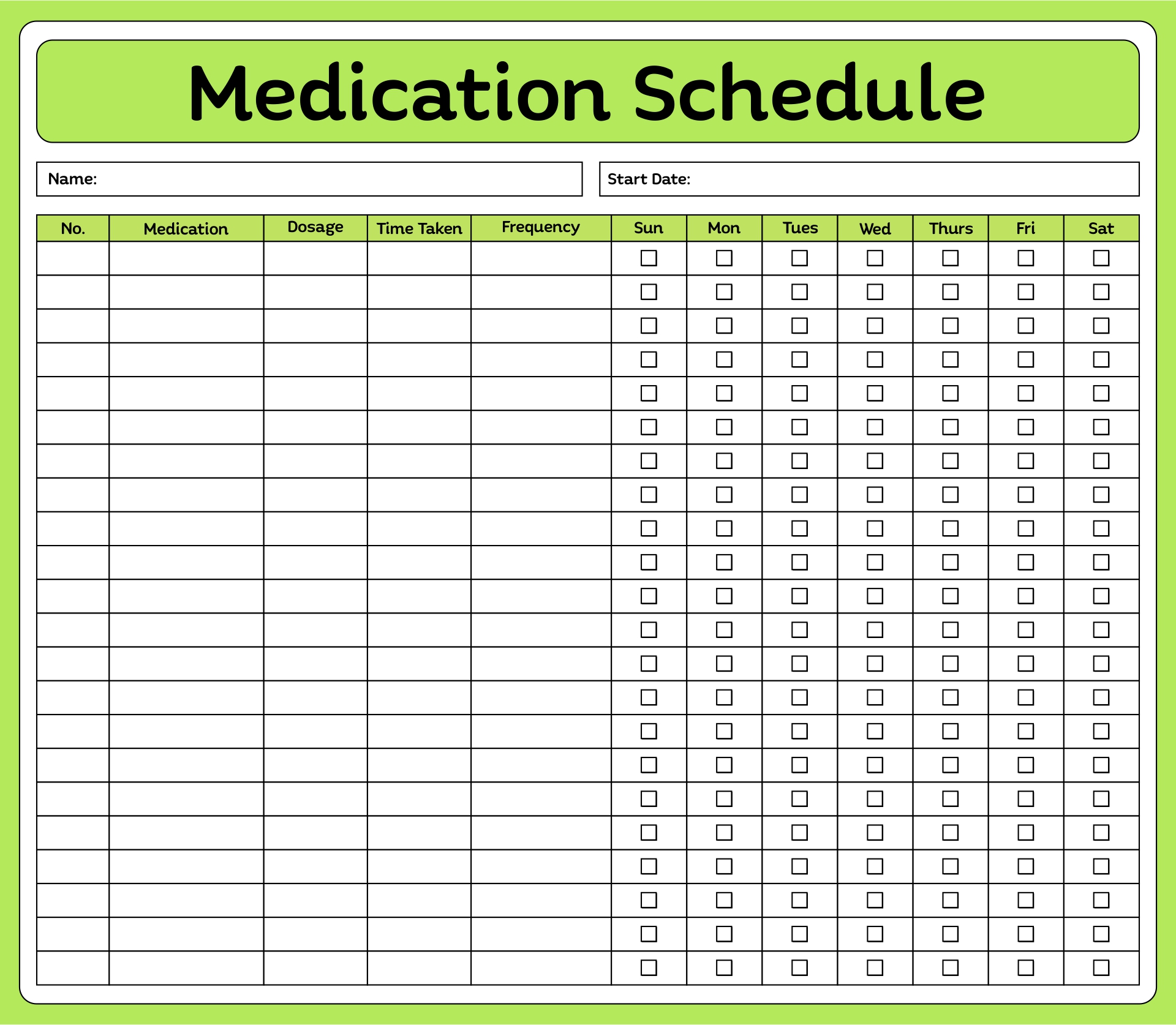 Printable Blank Checklist Template Medication Chart