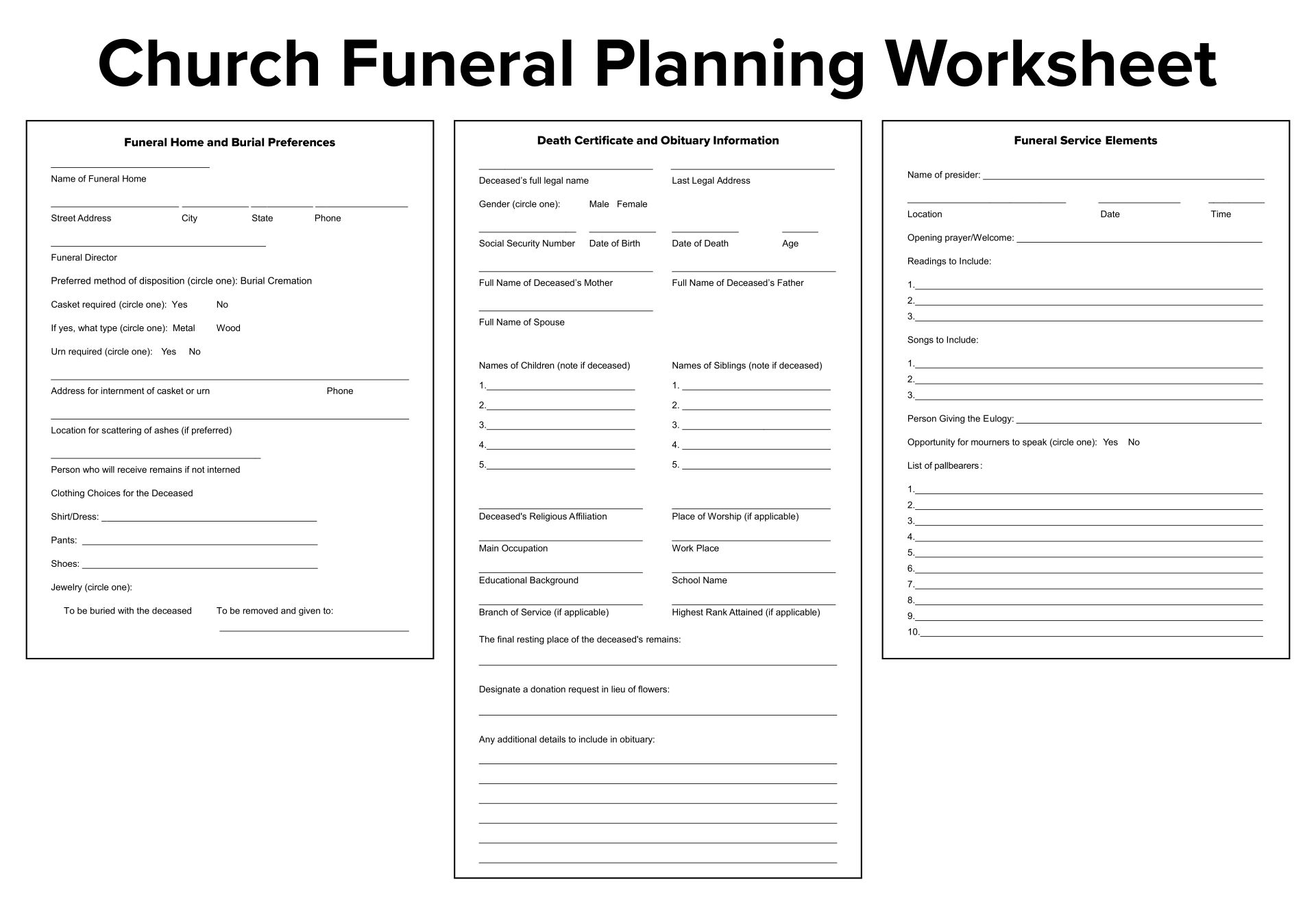 Printable Church Funeral Planning Worksheet