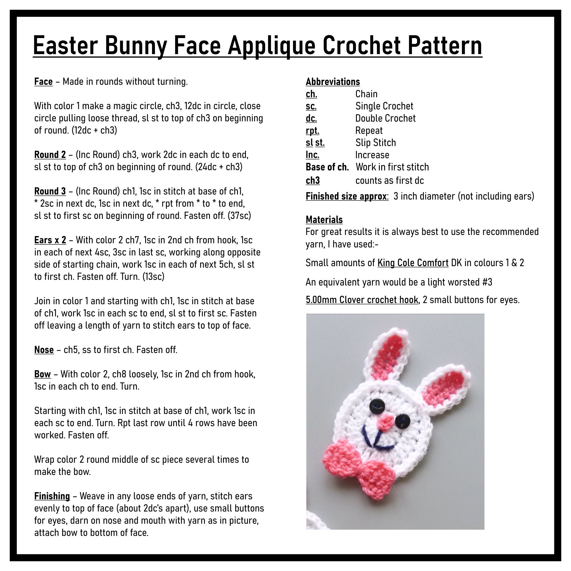 Printable Easter Bunny Face Applique Crochet Pattern