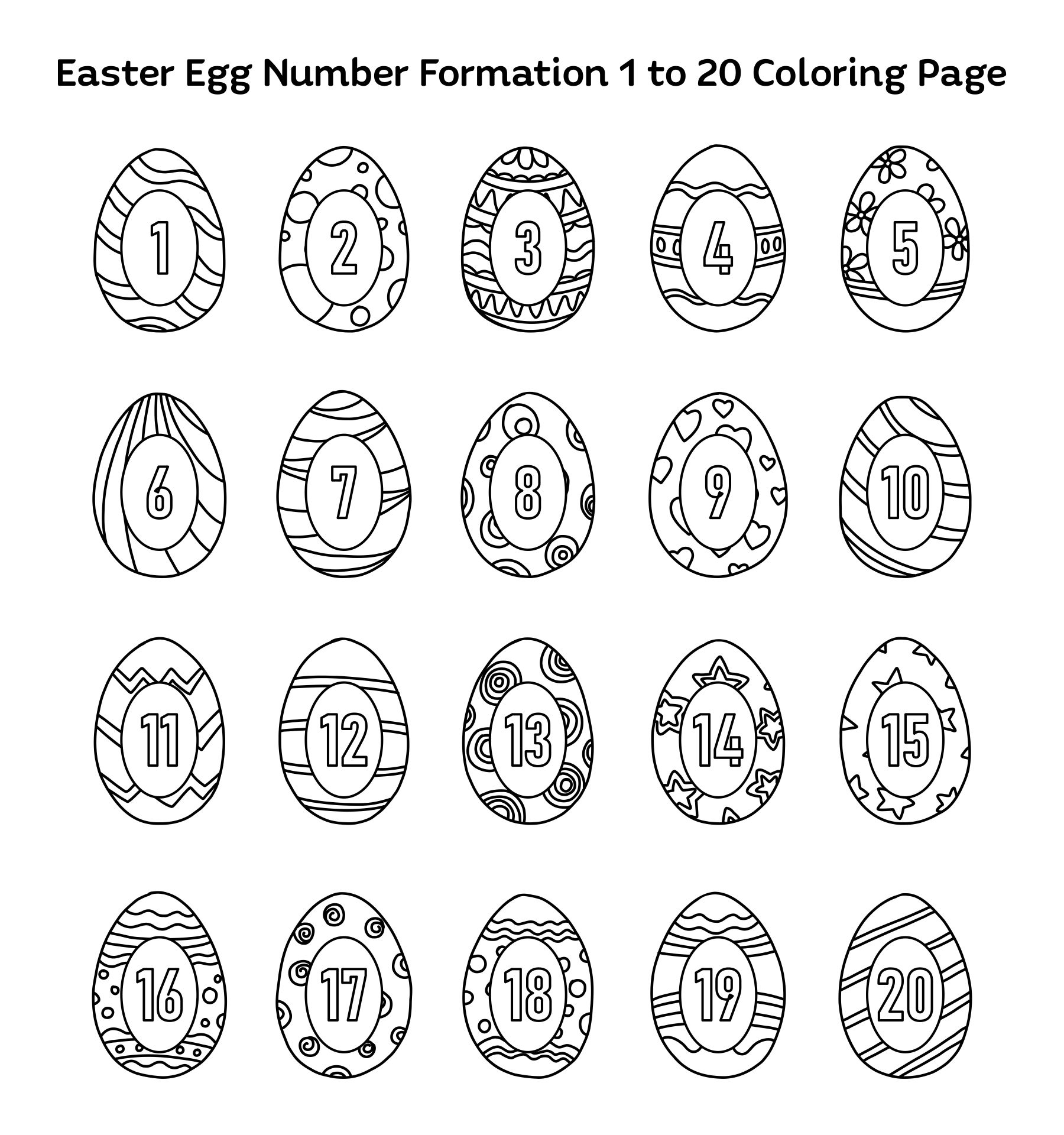 Printable Easter Egg Number Formation 1 To 20 Coloring Pages