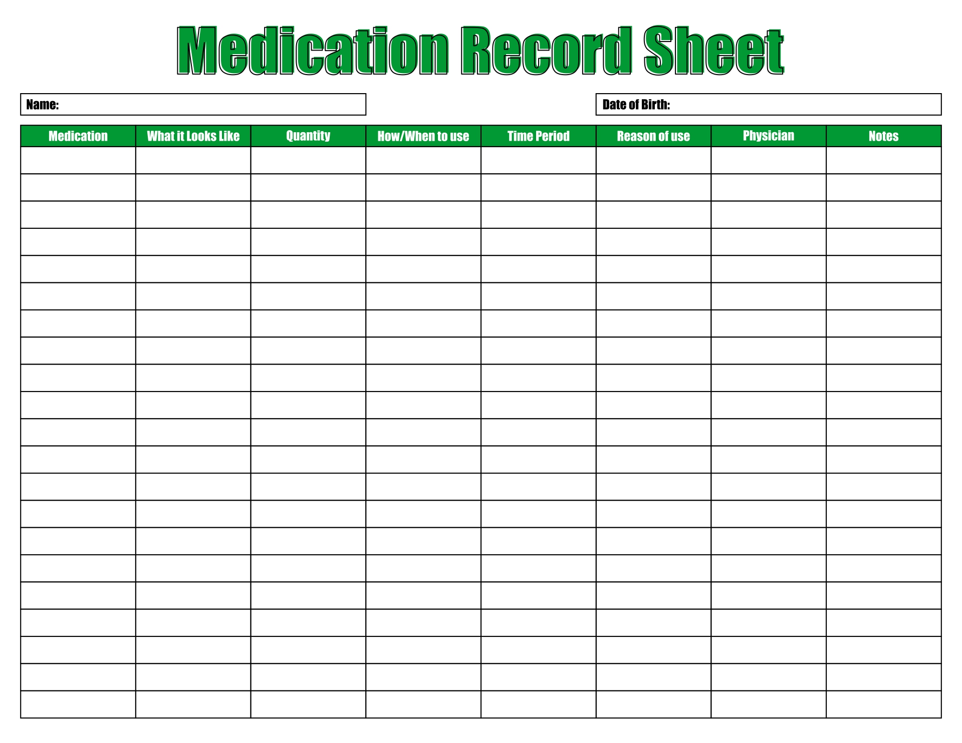 Printable Medication Record Template