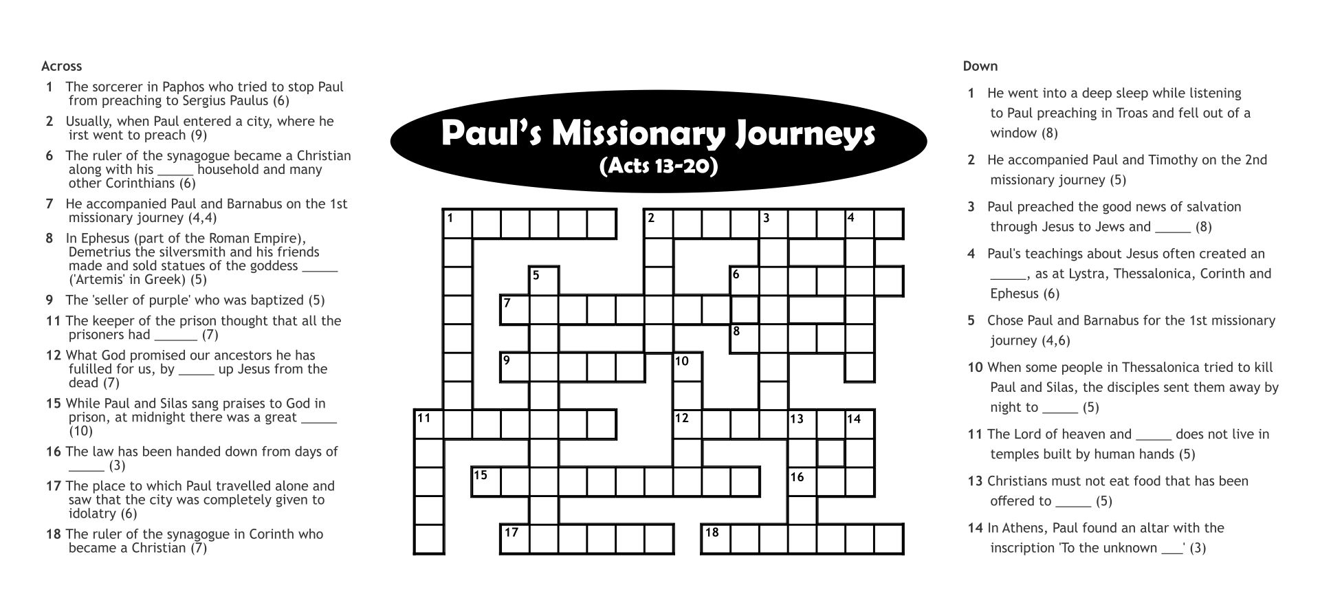 Printable Missionary Journeys Bible Crossword