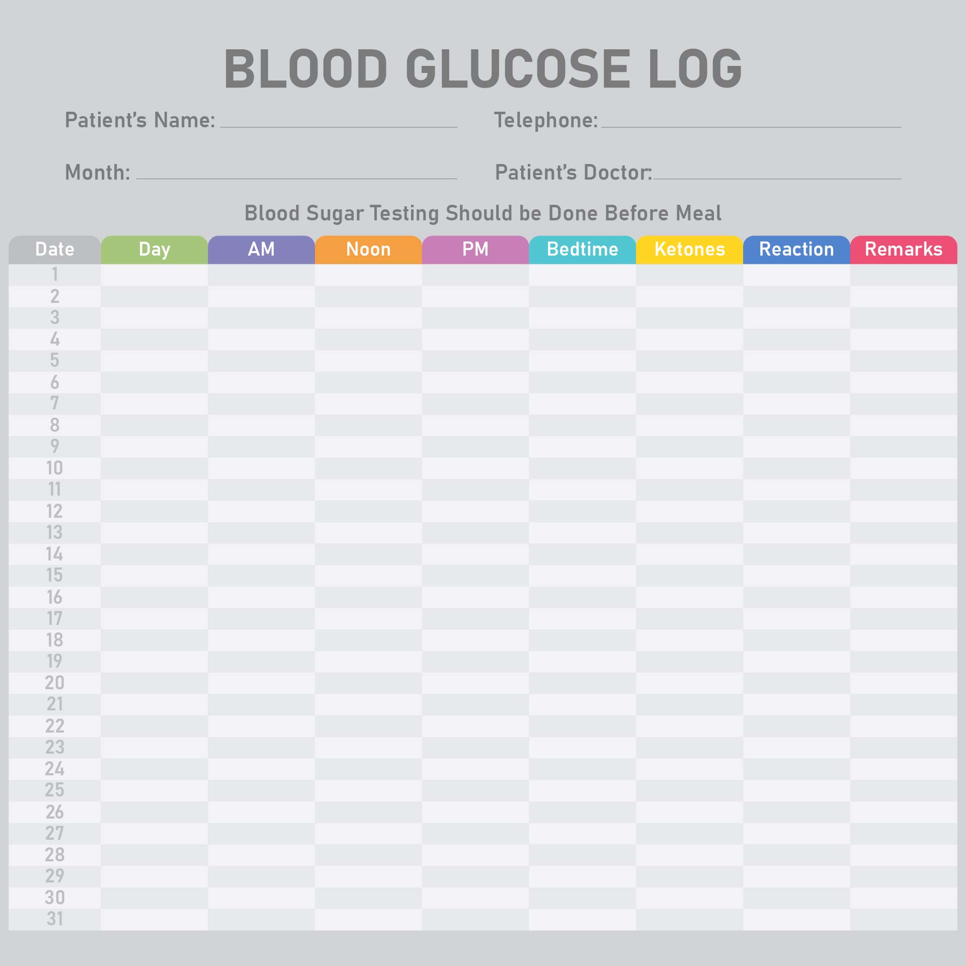 Printable Monthly Blood Sugar Log Sheet