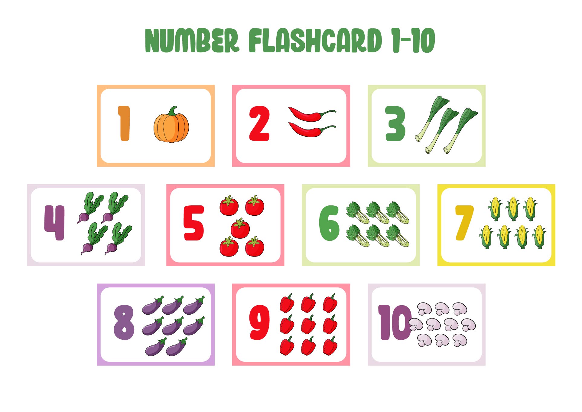 Printable Numbers Flashcards With Vegetables For Preschool 1 To 10