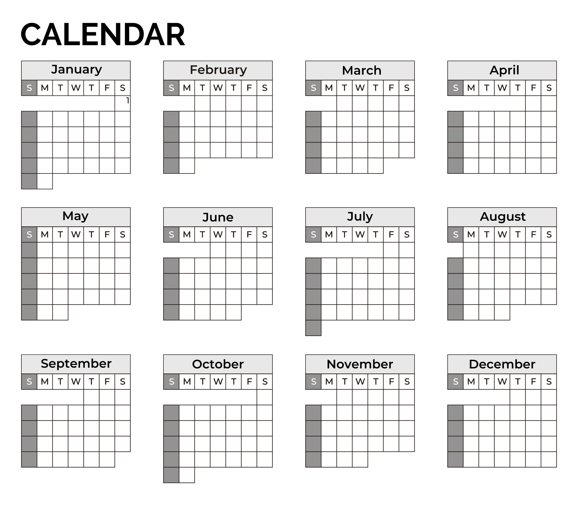 Printable One Page Calendar Template