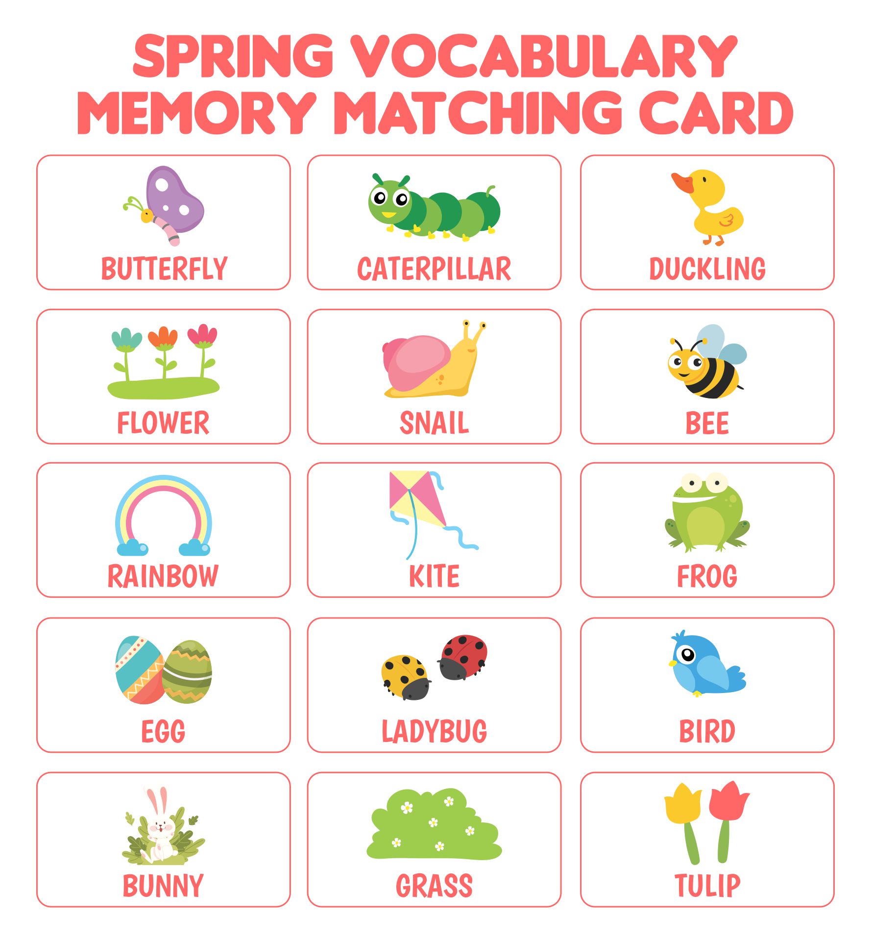 Printable Spring Themed Vocabulary Memory Matching Card Game Activity